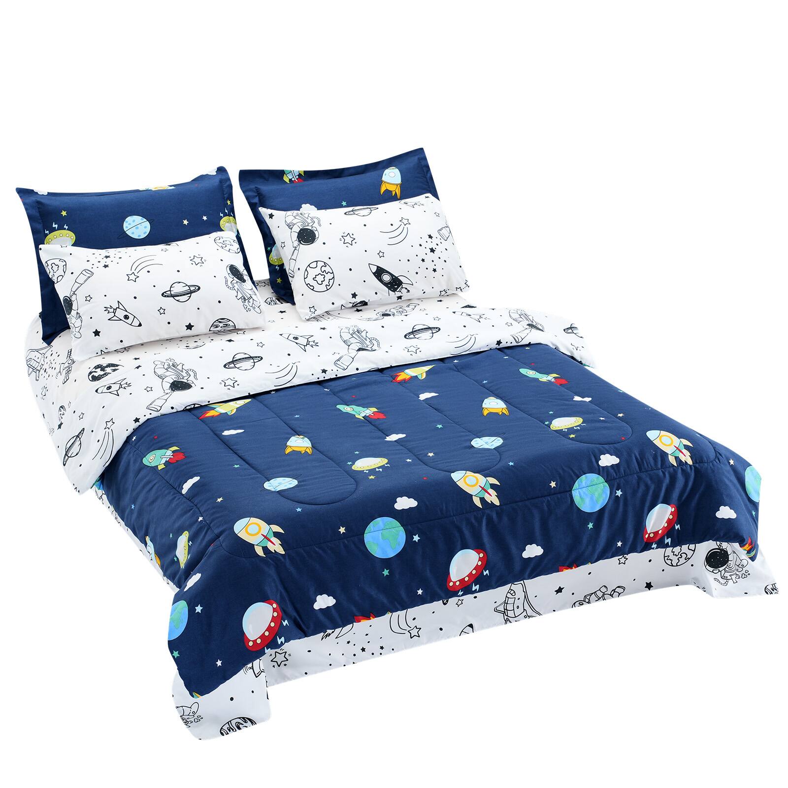 VEVOR - Kids Comforter Set, 7 Pieces, Twin Bedding Sets with 1 Comforter, 1 Flat Sheet, 1 Fitted Sheet, 4 Pillowcases - Deep Blue + White + Cartoon Space Elements Print