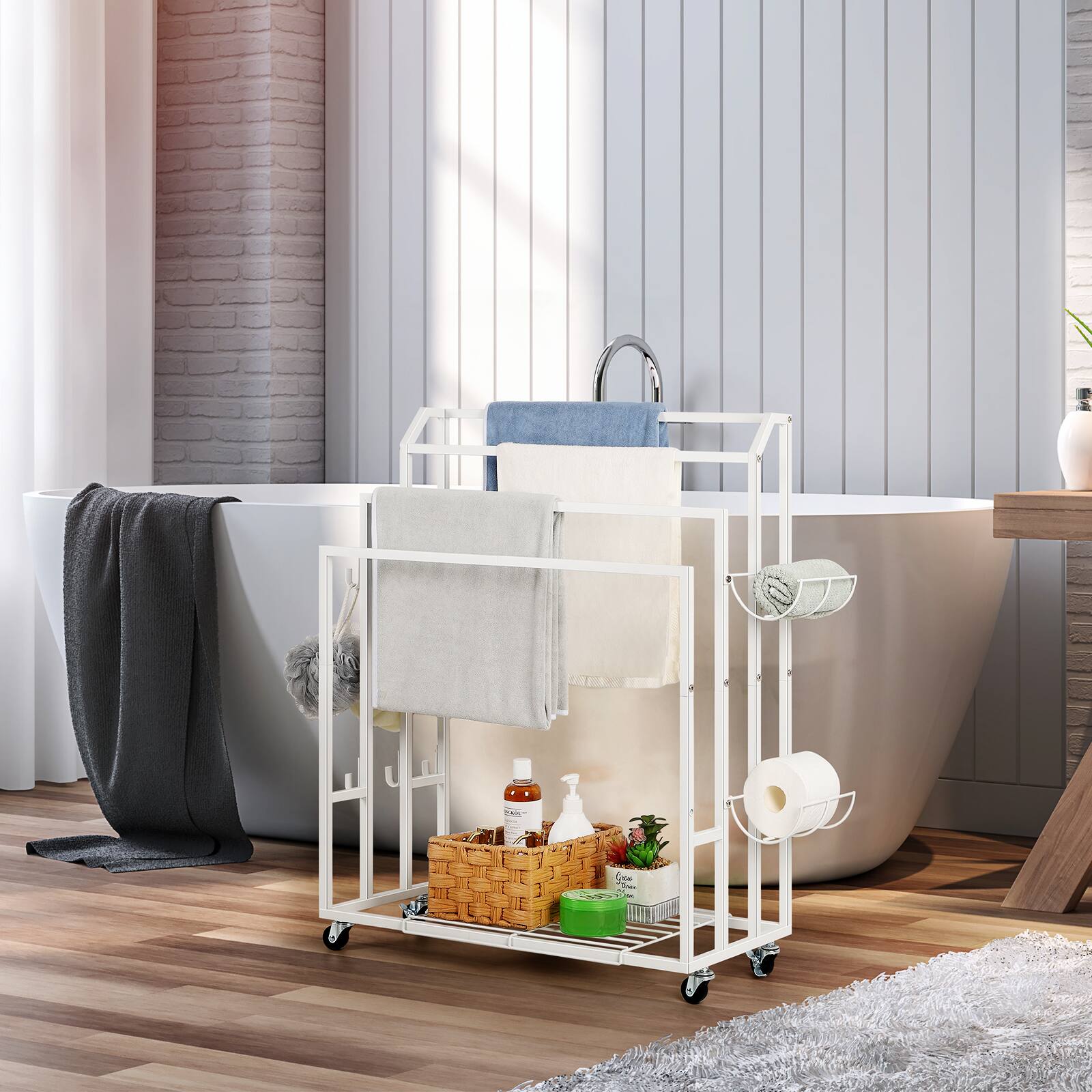 Alt View 2. Oumilen - 4-Tier Freestanding Rolling Towel Rack Cart, White Metal Extra Long Bath Towel Drying Stand - White.
