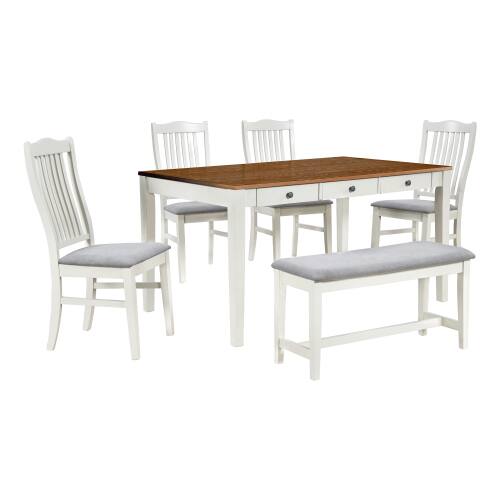 Alt View 4. LUCKY ONE - 6-Piece Mid-Century Set with Drawer, 59" Rectangular Dining Table, Bench and 4 Chairs - White.