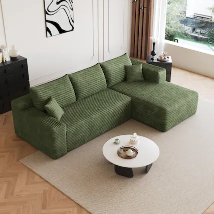 Front. Meqiodas - 95" Sectional Sofa with L-Shape Lounge,Soft Corduroy Modular Couch for Living Room, Deep Seat Corner Couch, No Assembly - Green.