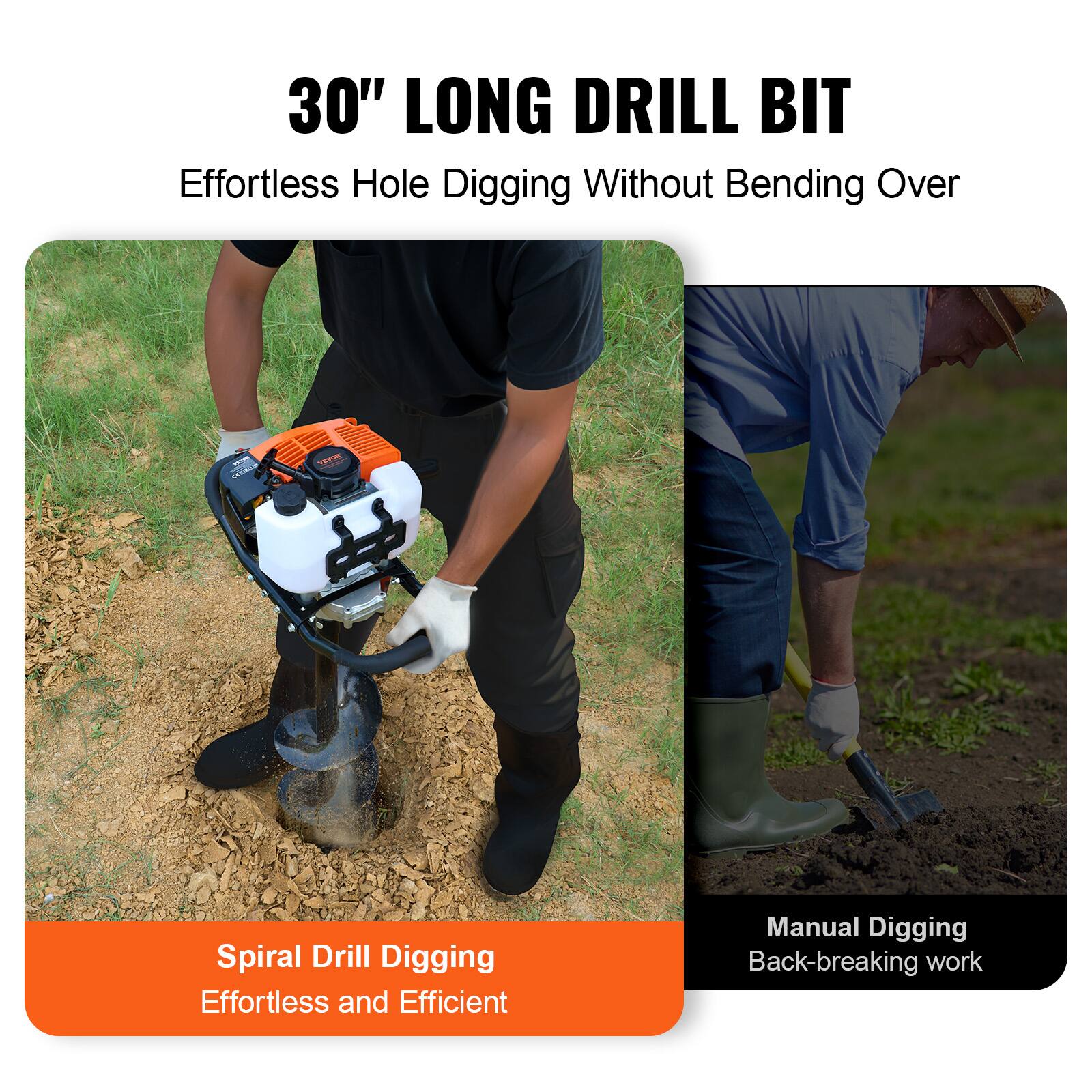 30" LONG DRILL BIT  
Effortless Hole Digging Without Bending Over

Spiral Drill Digging  
Effortless and Efficient

Manual Digging  
Back-breaking work