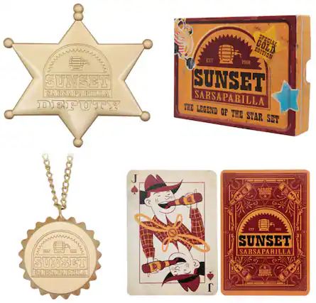 Sure, here is the corrected and grouped text from the image:
---
**SUNSET SARSAPARILLA**
**DEPUTY EDITION**
**SPECIAL GOLD EDITION**
**EST 1918**
**THE LEGEND OF THE STAR SET**
---
**SUNSET SARSAPARILLA**
**DEPUTY**
---
**SUNSET SARSAPARILLA**
**EST 1918**
---
**SUNSET SARSAPARILLA**
**DEPUTY**
---