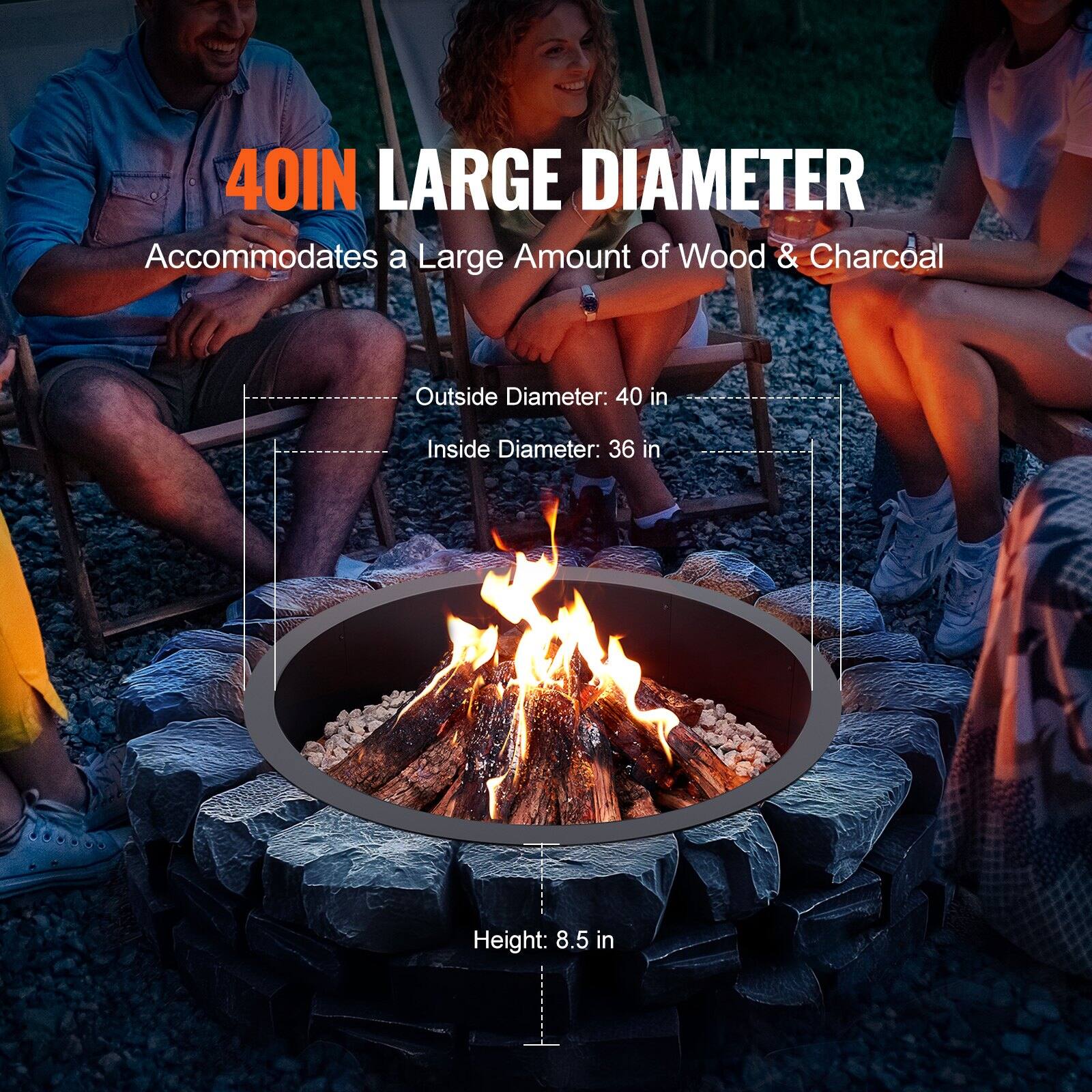 40IN LARGE DIAMETER  
Accommodates a Large Amount of Wood & Charcoal  

Outside Diameter: 40 in  
Inside Diameter: 36 in  
Height: 8.5 in