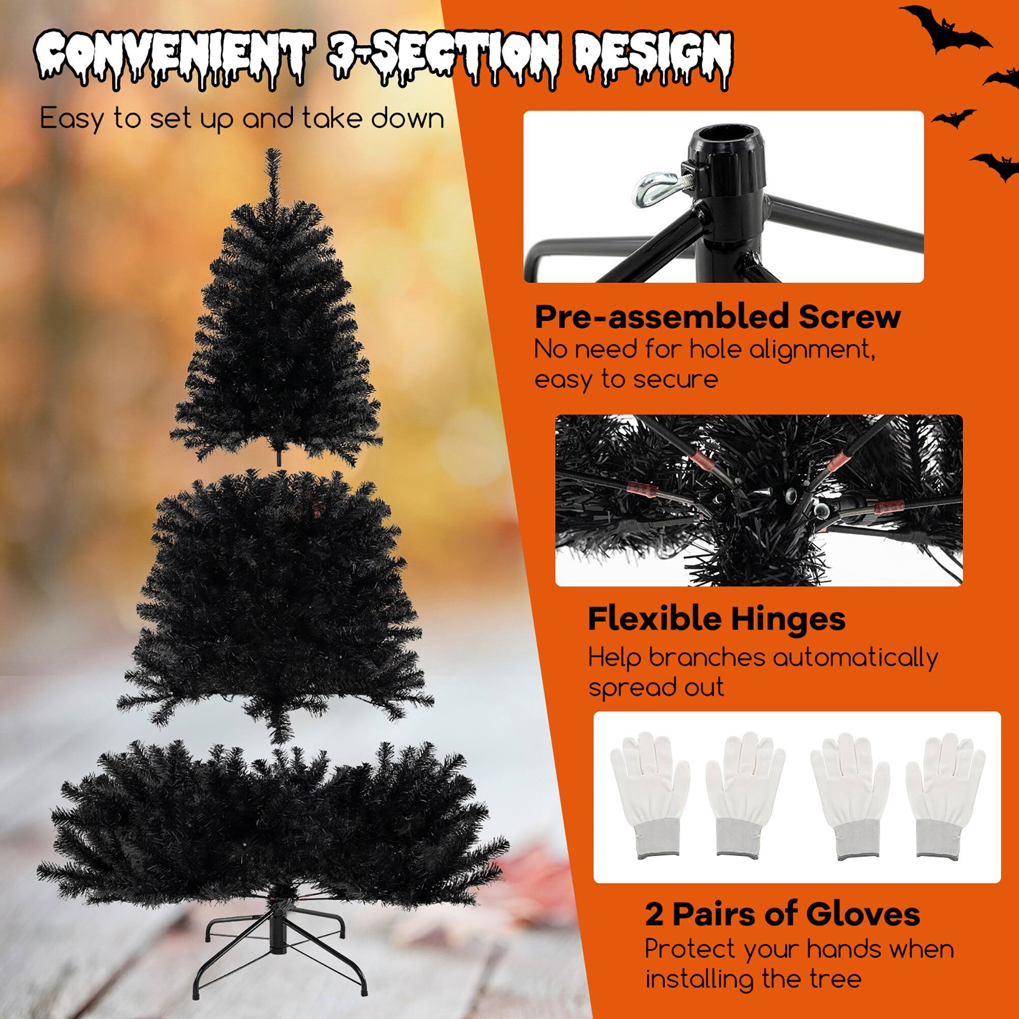 **CONVENIENT 3-SECTION DESIGN**  
Easy to set up and take down

- **Pre-assembled Screw**  
  No need for hole alignment, easy to secure

- **Flexible Hinges**  
  Help branches automatically spread out

- **2 Pairs of Gloves**  
  Protect your hands when installing the tree