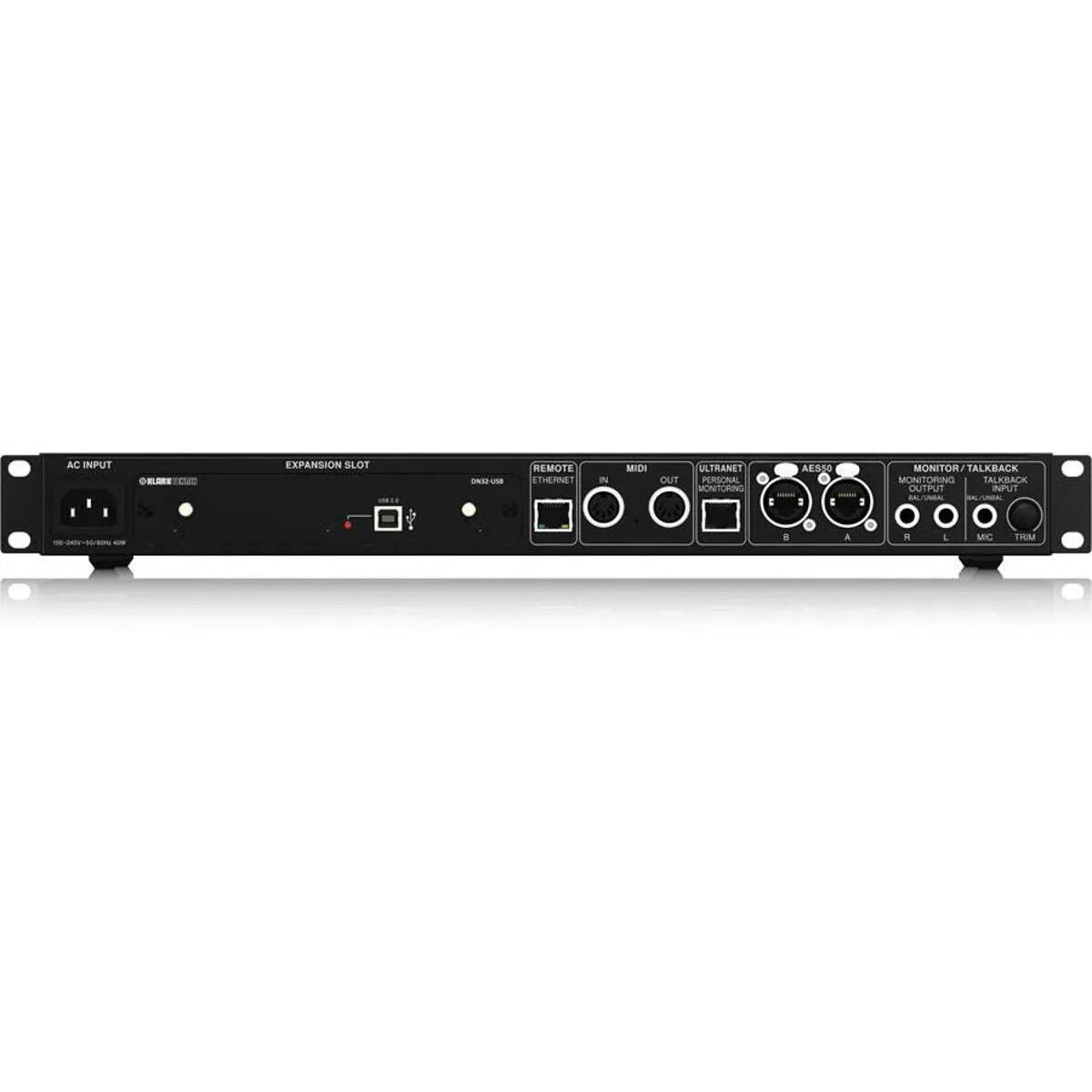 AC INPUT  
EXPANSION SLOT  
REMOTE  
ETHERNET IN  
MIDI IN  
ULTRANET OUT  
PERSONAL MONITOR  
AES3  
MONITOR/TALKBACK  
MONITORING  
TALKBACK OUTPUT  
INPUTS / VOLUME  
MIC  
TRIM