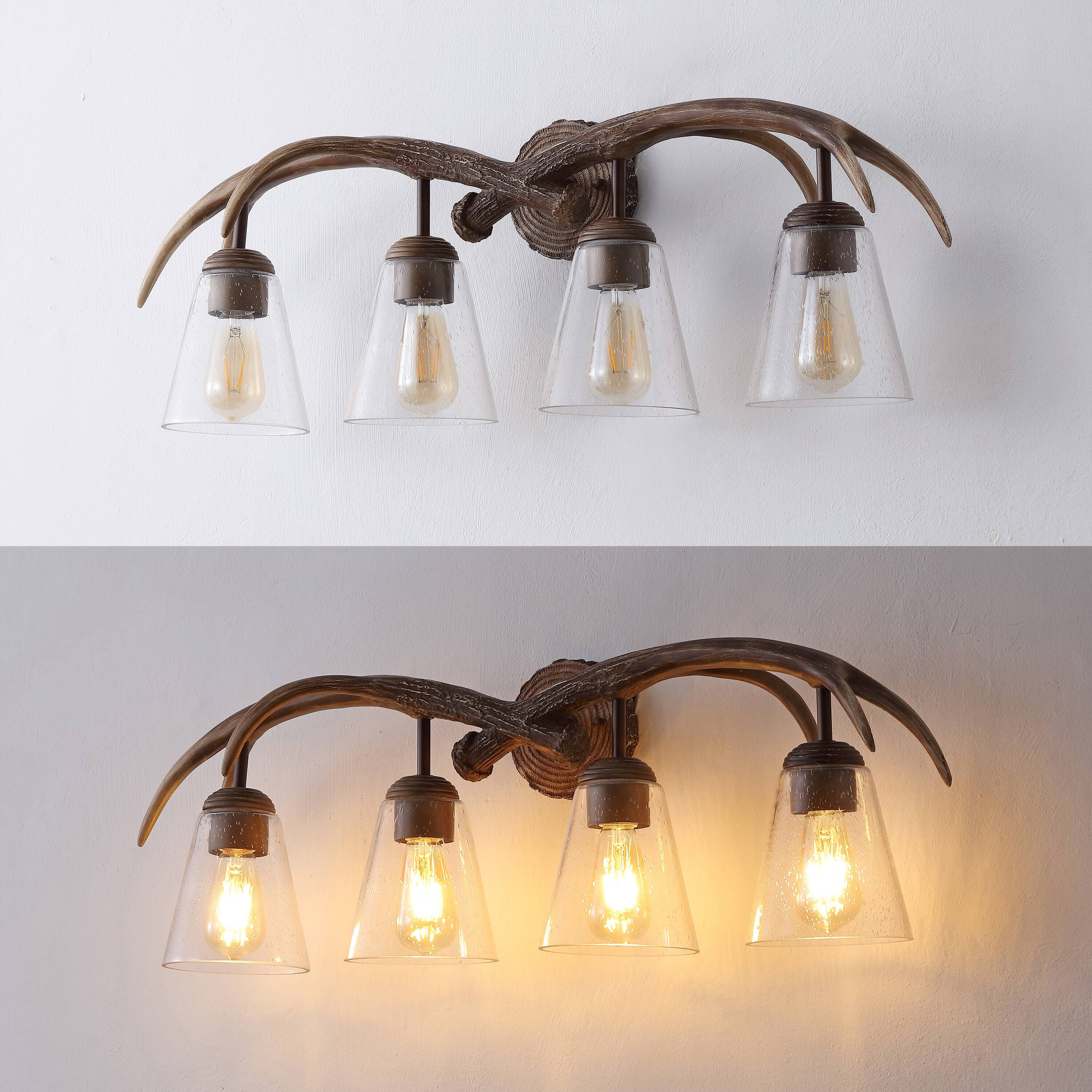Alt View 3. Jonathan Y - Wyatt 32.5" 4-Light Southwestern Bohemian Resin/Seeded Glass Faux Antler LED Vanity Light, Brown Wood Finish - Brown Wood Finish.