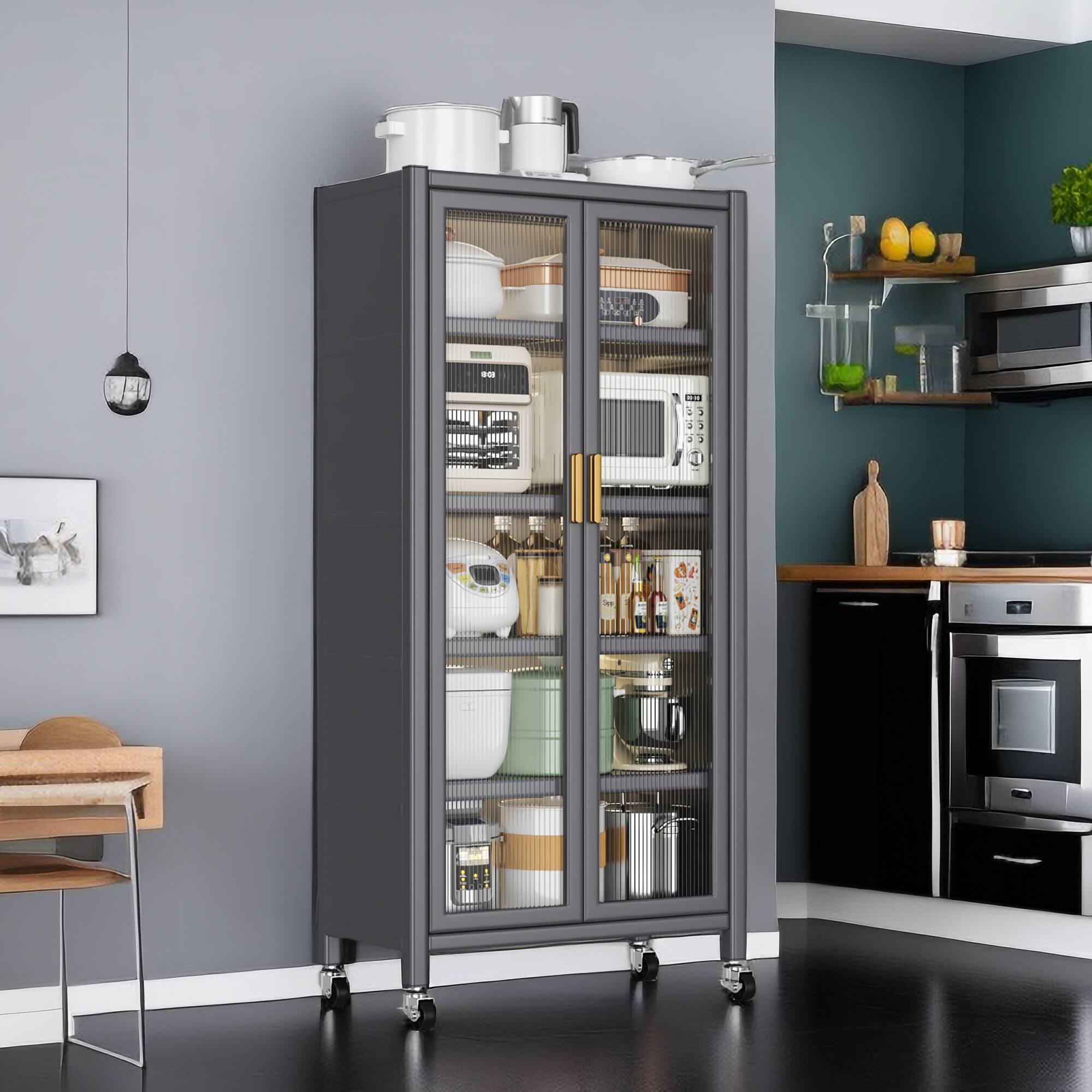 Angle. Spaco - Spaco Tall Open Kitchen Storage Cabinet,Multilevel Open Shelving for Microwave,Bowls,Floor to Ceiling Storage Organizer - Grey.