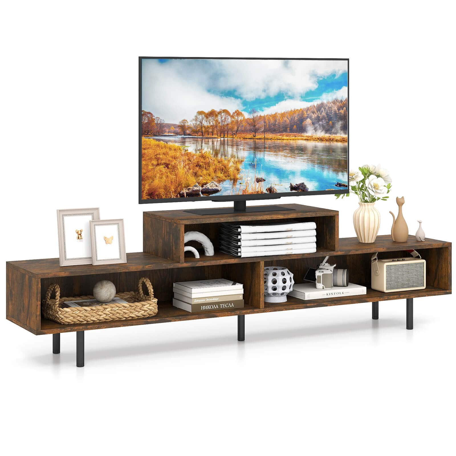 Costway - TV Stand, 63" Long Entertainment Center with Open Storage Shelves for TVs up to 70" - Rustic Brown
