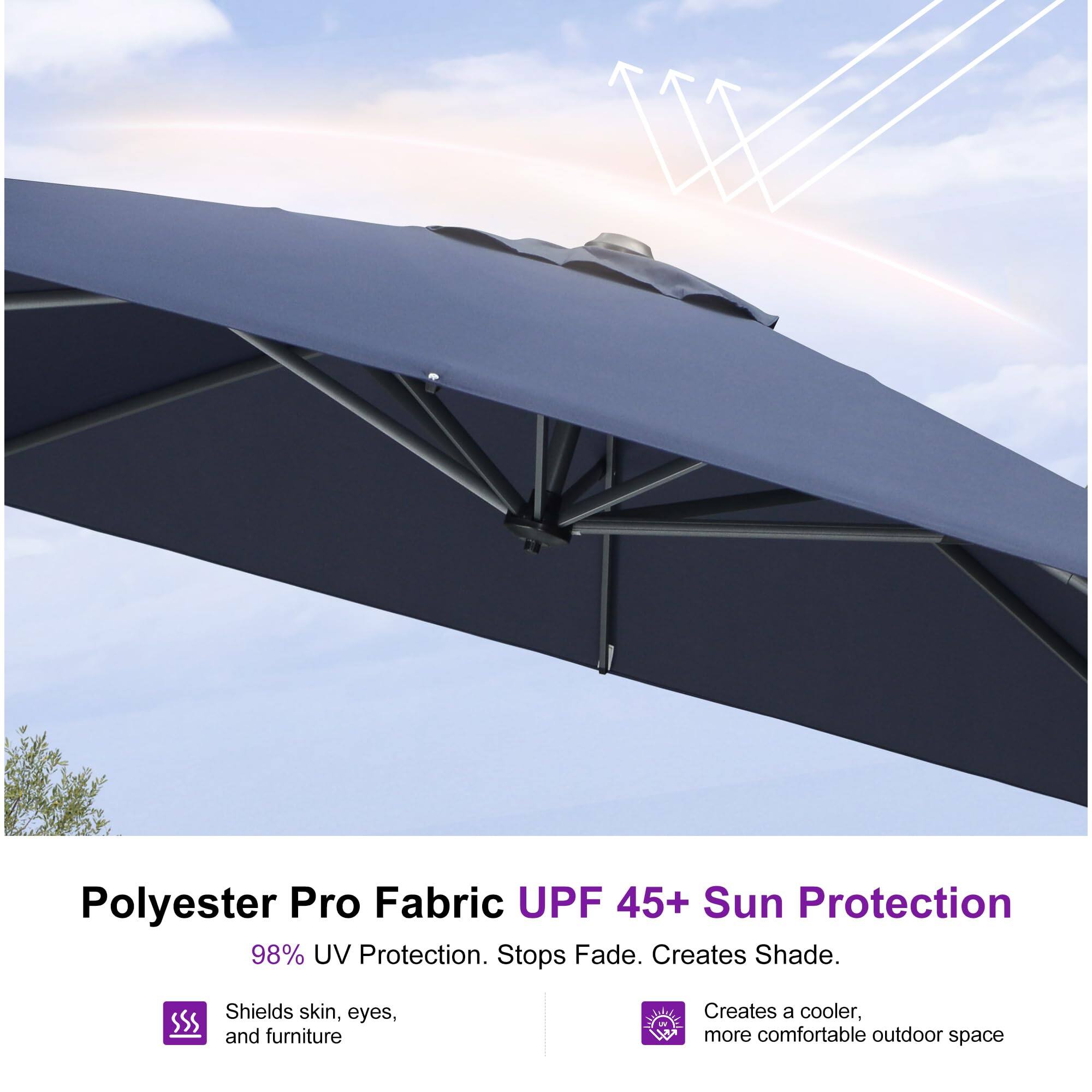 Polyester Pro Fabric UPF 45+ Sun Protection

98% UV Protection. Stops Fade. Creates Shade.

- Shields skin, eyes, and furniture
- Creates a cooler, more comfortable outdoor space