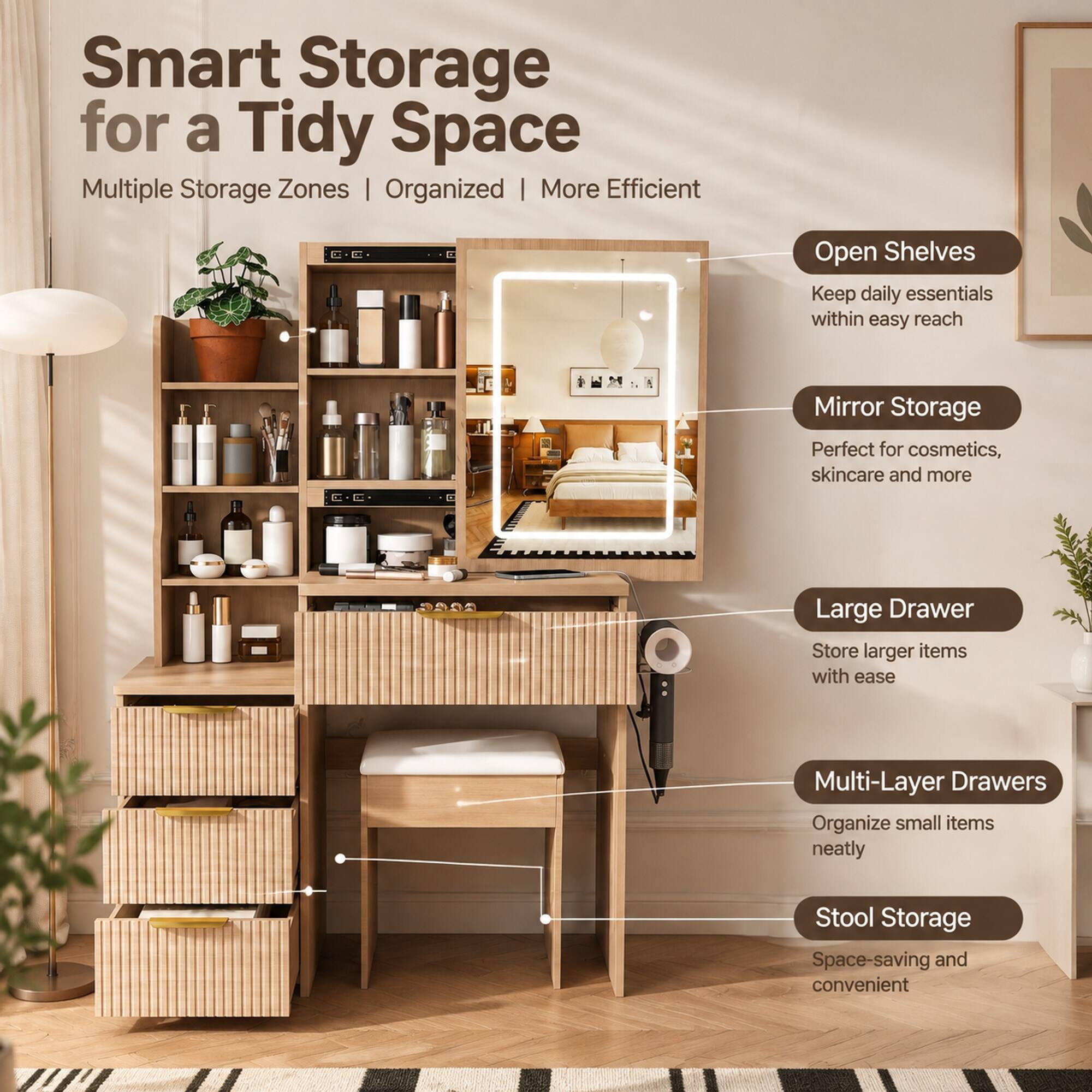 Smart Storage for a Tidy Space  
Multiple Storage Zones | Organized | More Efficient  

Open Shelves  
Keep daily essentials within easy reach  

Mirror Storage  
Perfect for cosmetics, skincare and more  

Large Drawer  
Store larger items with ease  

Multi-Layer Drawers  
Organize small items neatly  

Stool Storage  
Space-saving and convenient