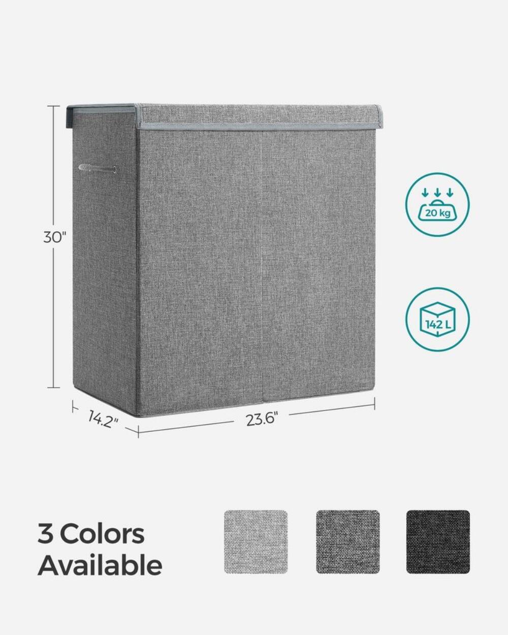 20 kg  
30"  
142 L  
14.2" x 23.6"  
3 Colors Available