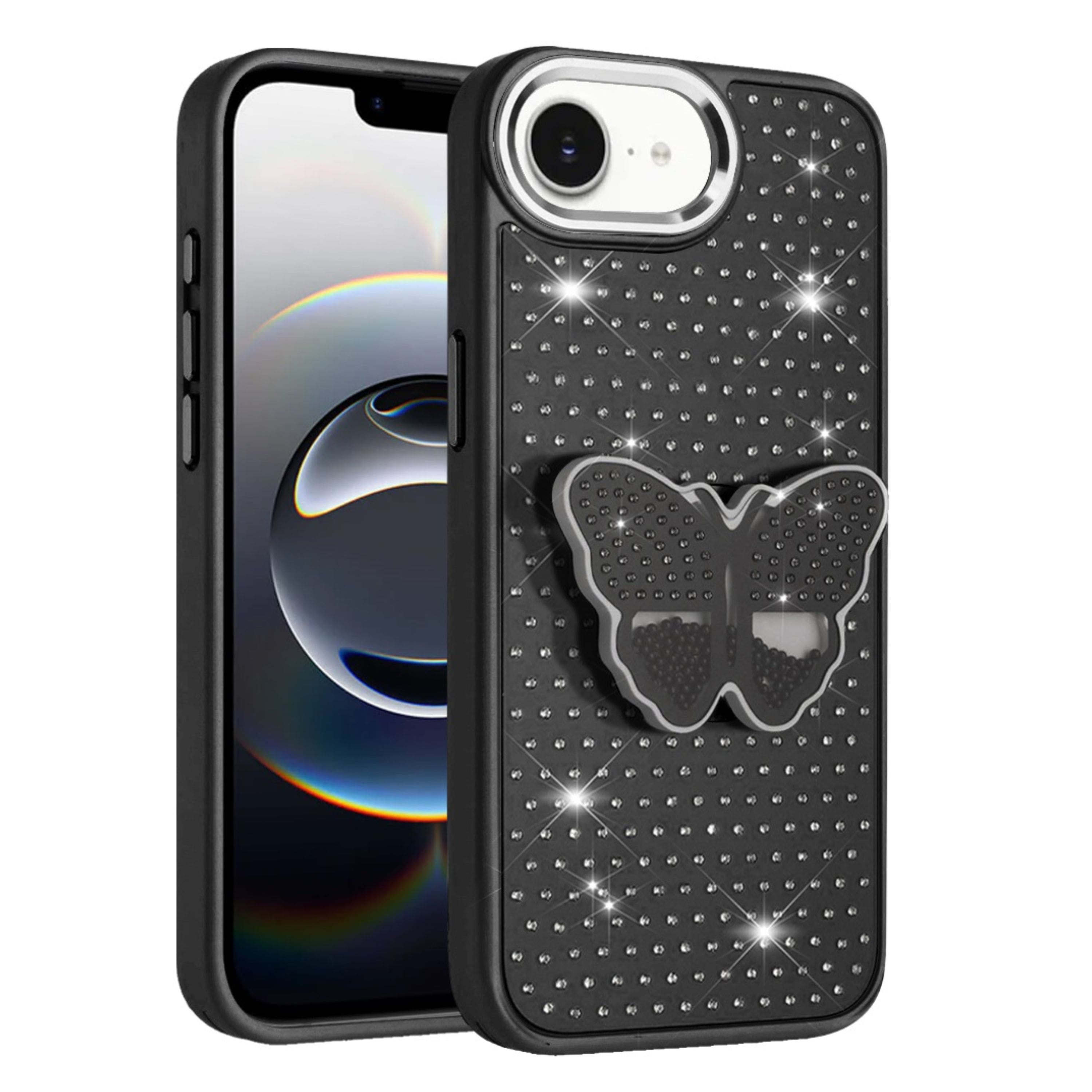 Kitcheniva - Butterfly Grip Stand Faux Crystals Phone Case With Tempered Glass For iPhone 16e/17e - Black