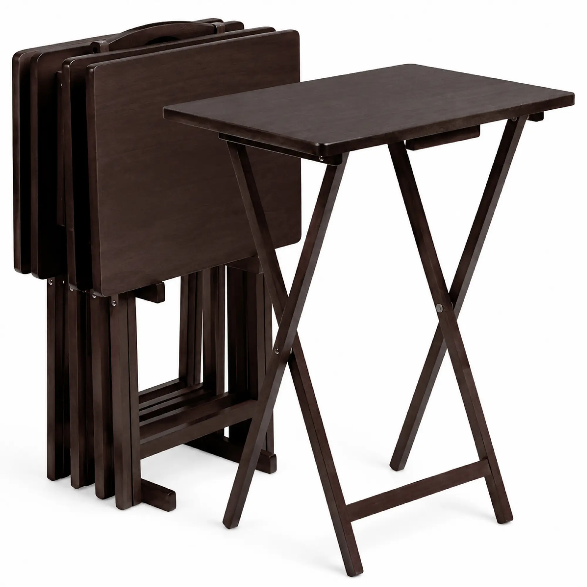 PJ Wood - Folding TV Tray Tables with Compact Storage Rack, 5 Piece Set - Espresso