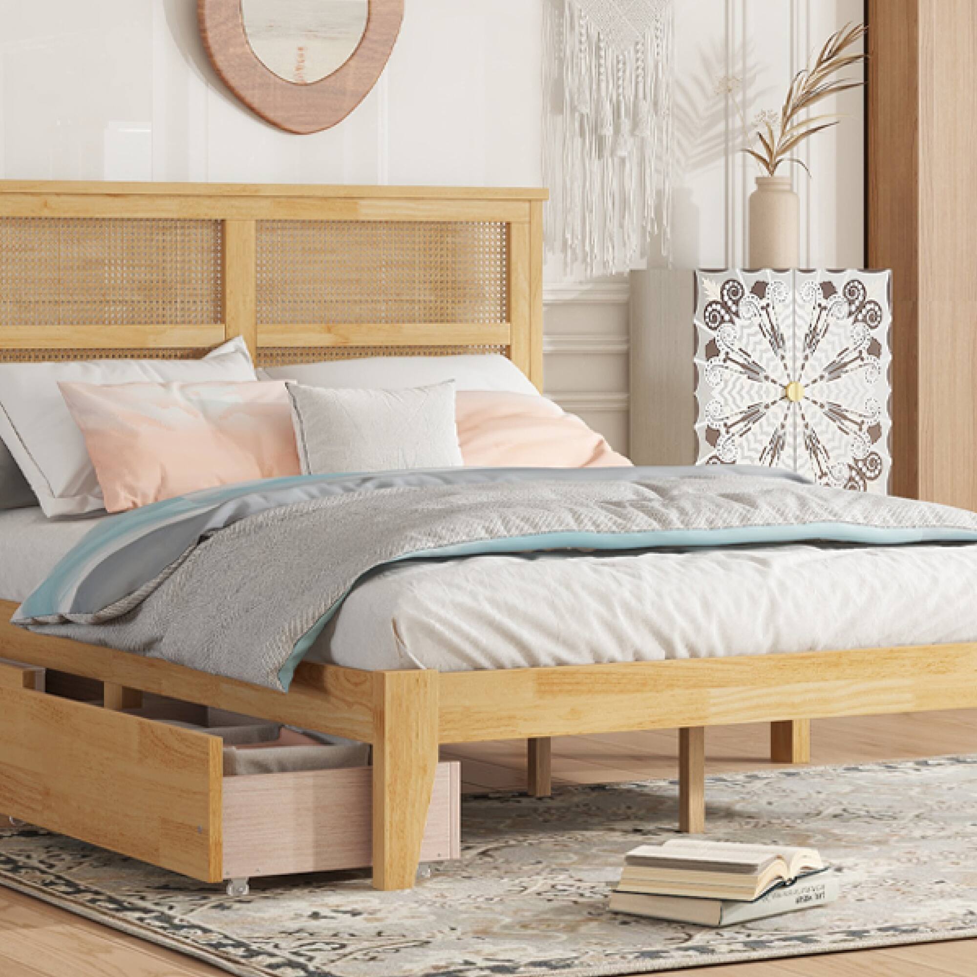 Alt View 9. GOODSILO - Full Size Bed with Rattan Headboard and Two Storage Drawers, Solid Wood Frame with Enhanced Support Slats - White Oak.