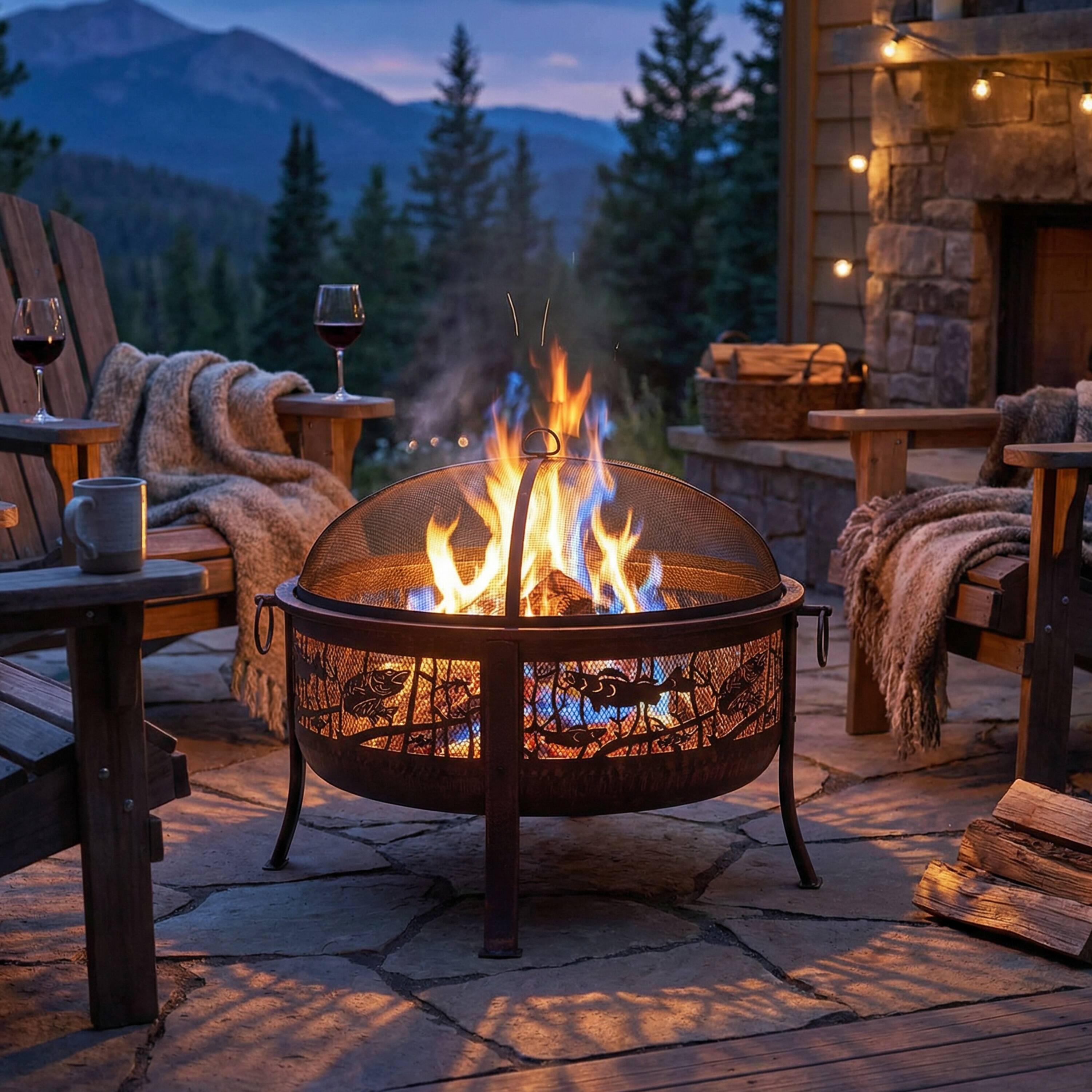 Alt View 2. Sunnydaze - 30 in Northwoods Fishing Steel Fire Pit with Spark Screen - Bronze.