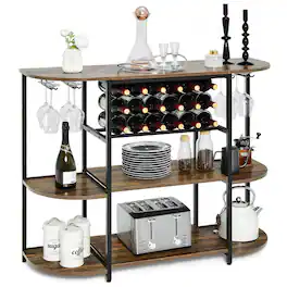 Gymax - Wine Rack Table Coffee Bar Cabinet Freestanding Liquor Stand Glass Holder Rustic - Rustic Brown