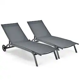 Costway - 2PCS Patio Lounge Chair Chaise Adjustable Back Recliner W/Wheels - Gray