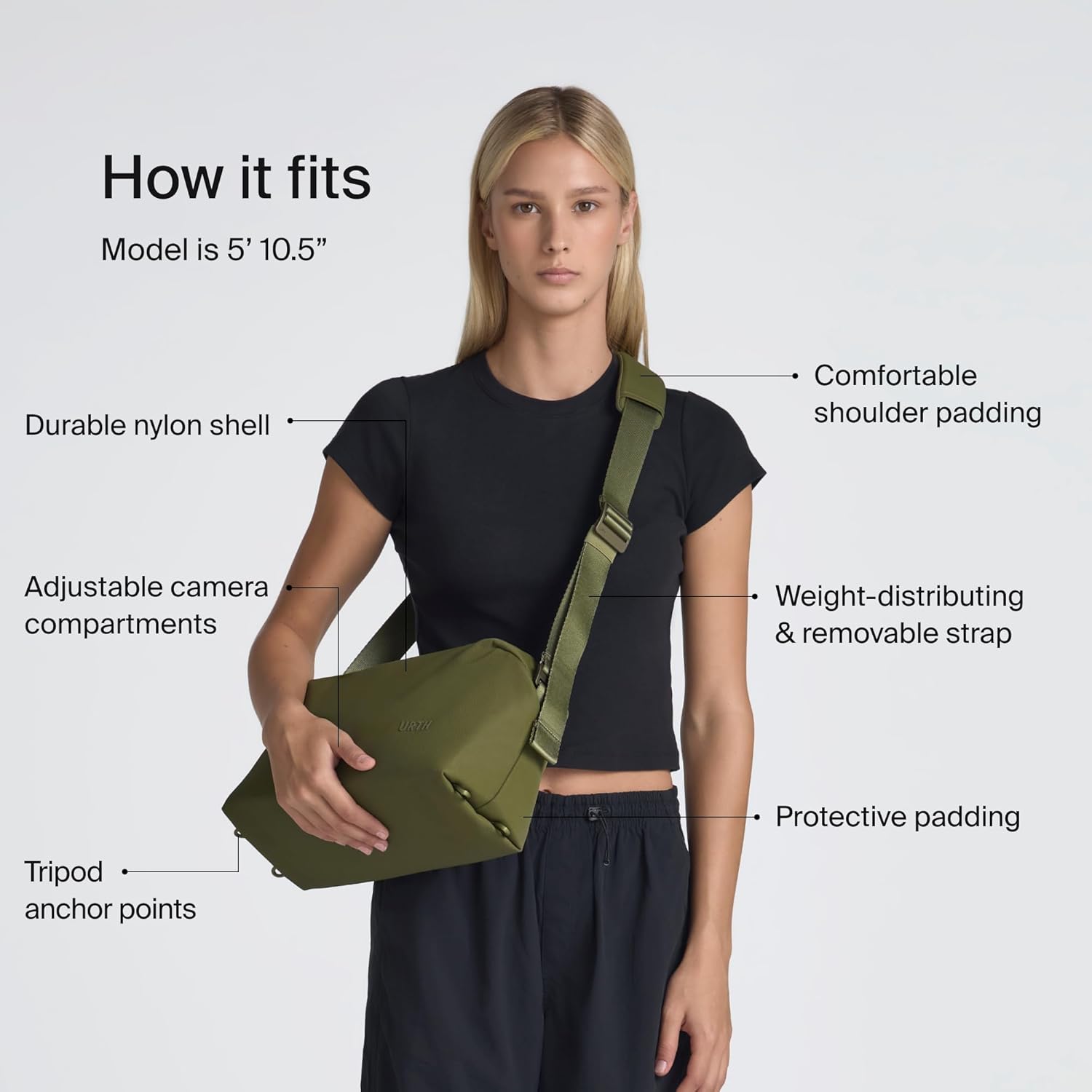 How it fits  
Model is 5' 10.5"  

- Durable nylon shell  
- Adjustable camera compartments  
- Tripod anchor points  
- Comfortable shoulder padding  
- Weight-distributing & removable strap  
- Protective padding