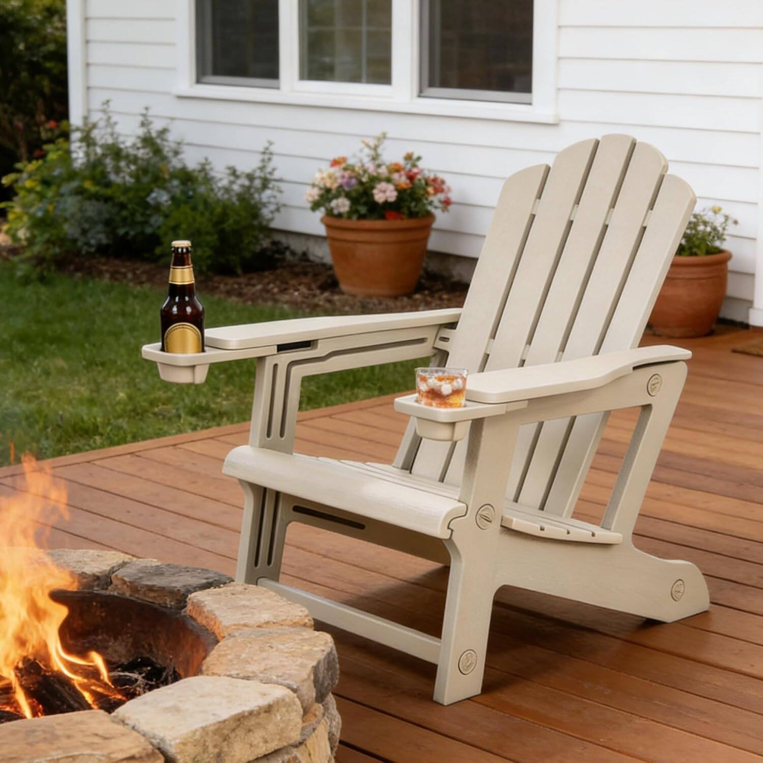 Front. PURPLE LEAF - 1/2-Pieces Adirondack Chair HDPE All-Weather Outdoor Fire Pit Chair with Wood-Textured with Dual Cup Holders for Garden - Champagne-1Pcs.