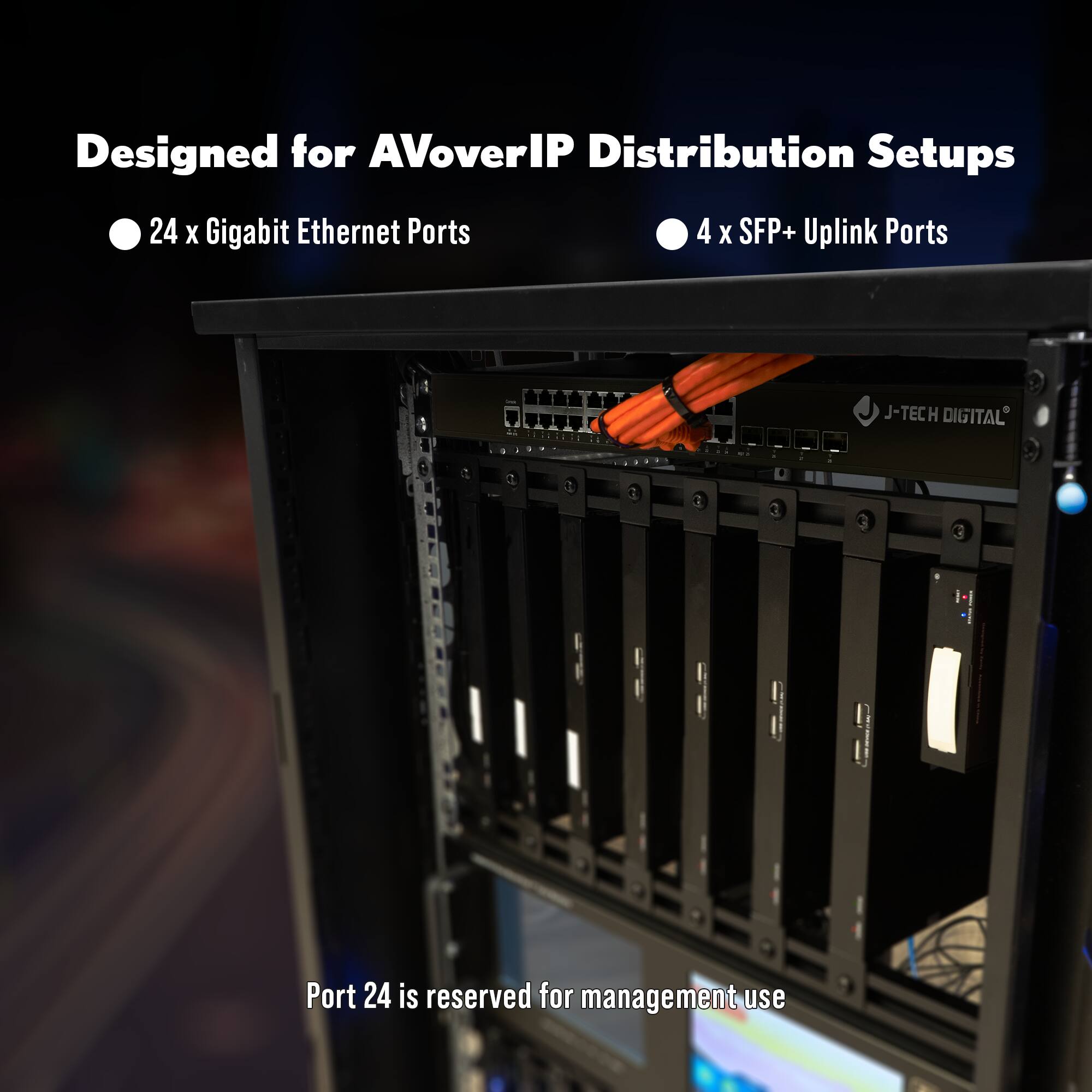 Designed for AVoverIP Distribution Setups

- 24 x Gigabit Ethernet Ports
- 4 x SFP+ Uplink Ports

Port 24 is reserved for management use