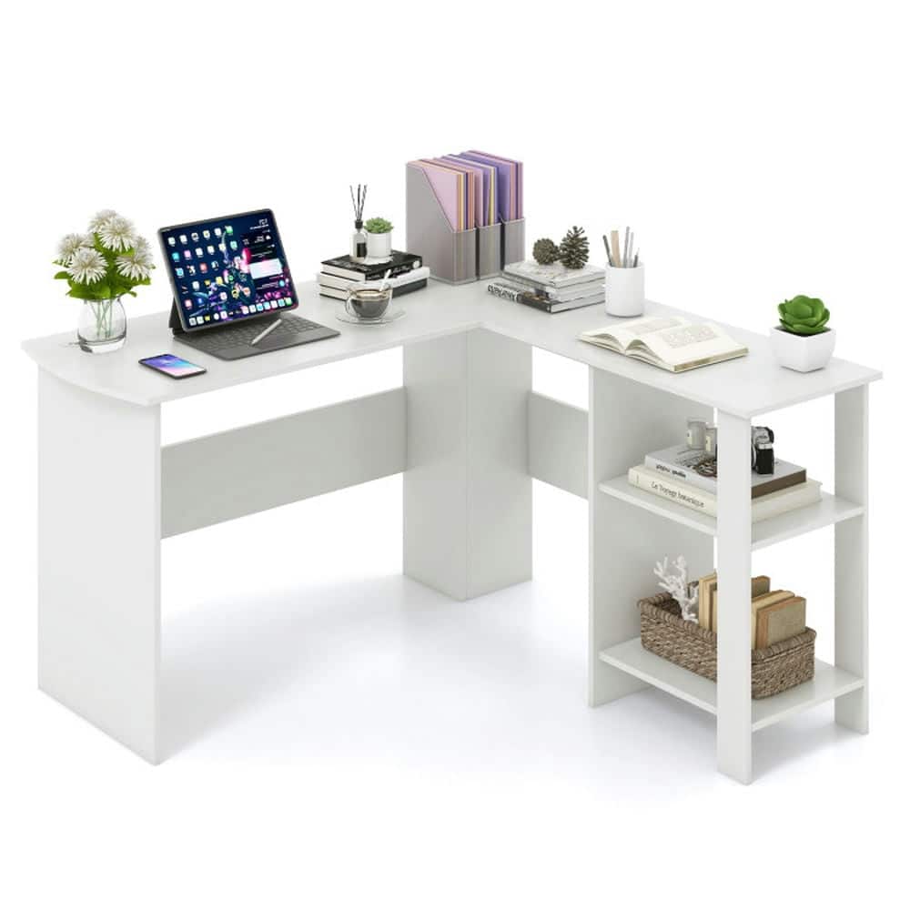 Kadyn - Large Modern L-shaped Computer Desk with 2 Cable Holes and 2 Storage Shelves- Home Office Desks, Computer Desks - White