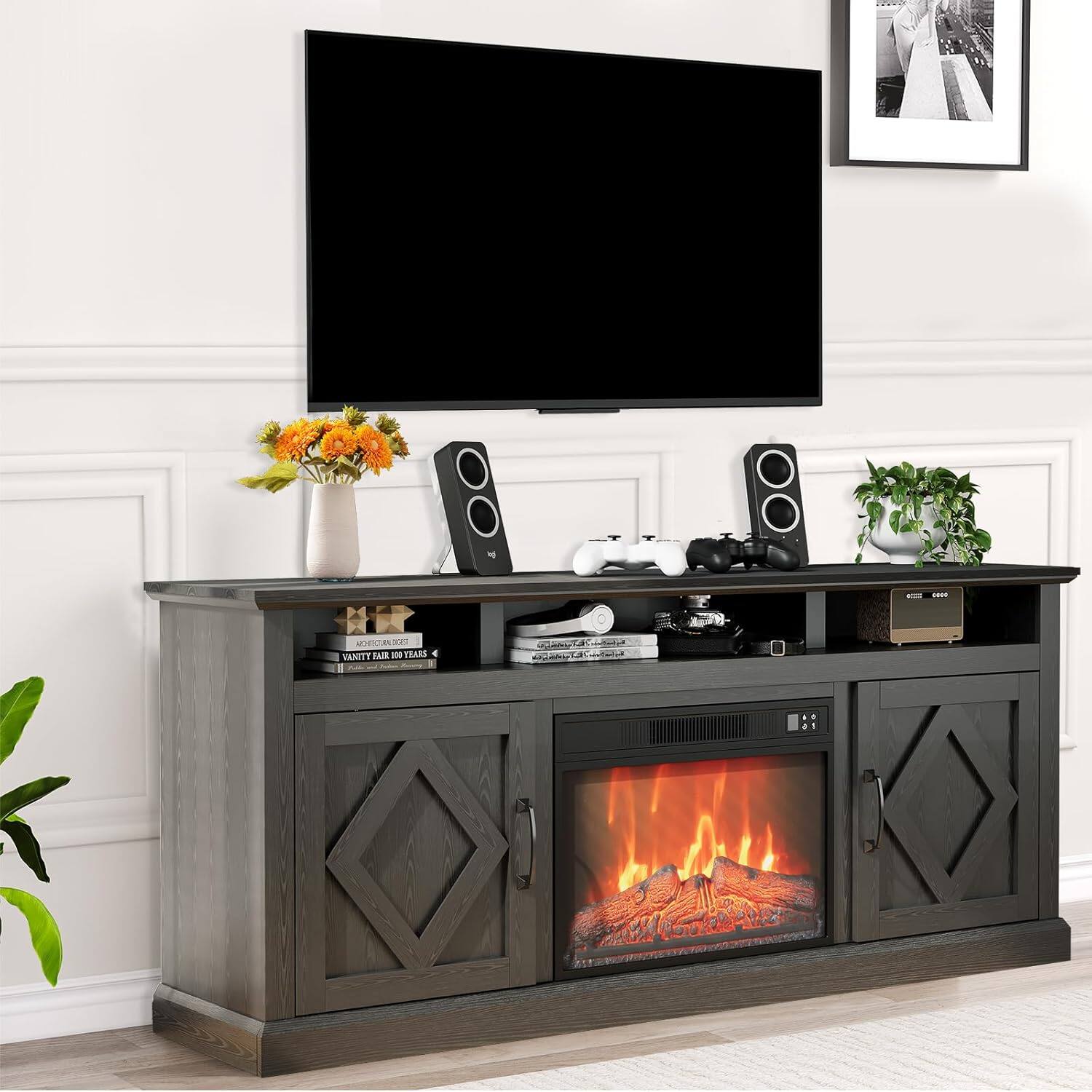 Qeetex - 67 inch Fireplace TV Stand Electric Fireplace with Remote Media  Console Entertainment Center with Storage Cabinet, image size:900x900