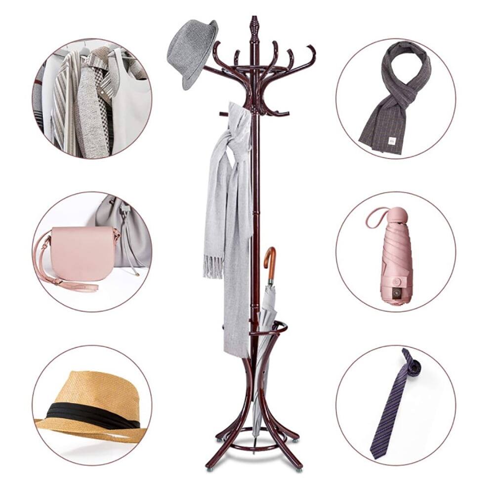 Alt View 1. Kadyn - Wood Standing Hat Coat Rack with Umbrella Stand-Brown, Tree Shaped Coat and Hat Hanger, Coat Racks for Foyer and Office - Brown.