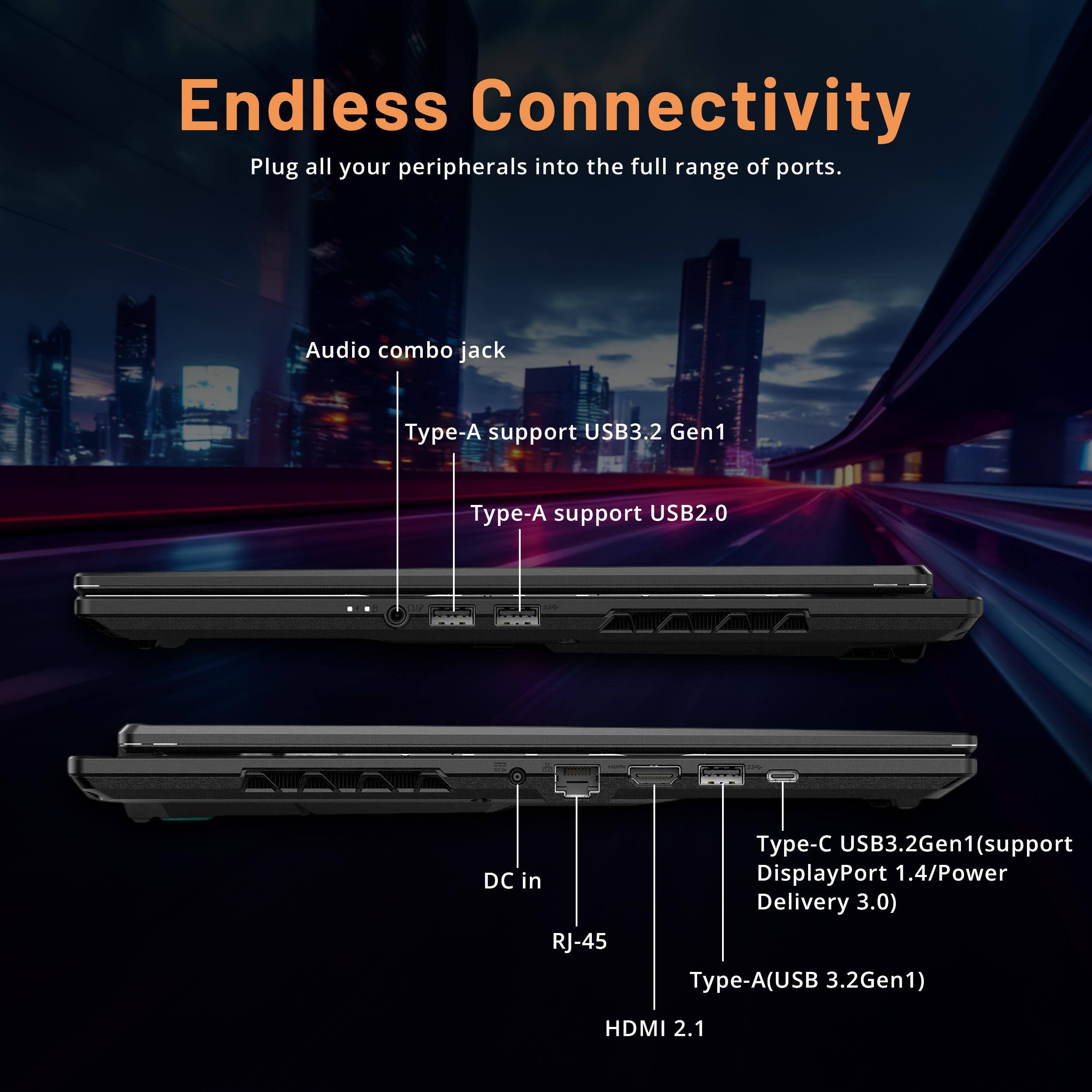 Endless Connectivity  
Plug all your peripherals into the full range of ports.  

- Audio combo jack  
- Type-A support USB3.2 Gen1  
- Type-A support USB2.0  
- DC in  
- RJ-45  
- Type-C USB3.2Gen1 (support DisplayPort 1.4/Power Delivery 3.0)  
- Type-A (USB 3.2Gen1)  
- HDMI 2.1