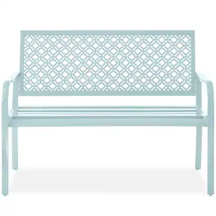 Front. Best Choice Products - Best Choice Products Indoor Outdoor Steel Garden Bench w/ Geometric Backrest, Foot Levelers - Sky Blue - Sky Blue.