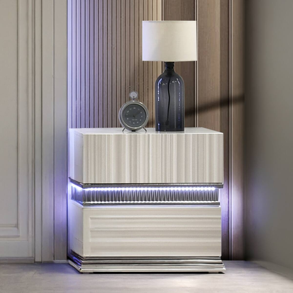 Left. Loheer - Loheer Gray Two Drawer Nightstand with Integrated LED Accent Lighting - Gray.