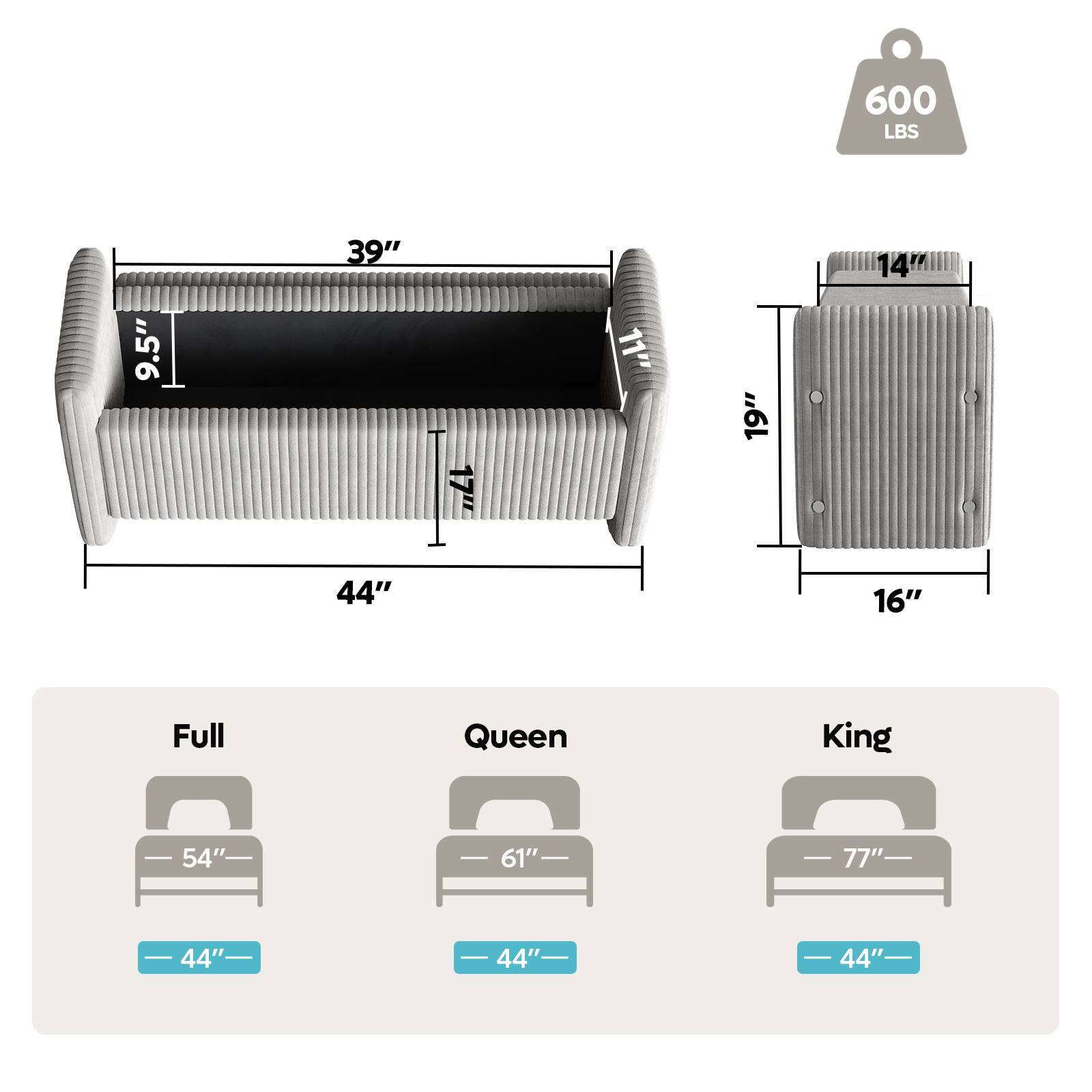 The text on the image is grouped and corrected as follows:
600 LBS 9.5" 39" 17" 11" 19" 14" 44" 16" Full Queen King 54" - 61" 77" 44" 44" 44"
This text describes the dimensions and weight capacity of a bed frame, with options for a full, queen, and king size bed. The frame can support up to 600 pounds, and the dimensions are 9.5" x 39" x 17" x 11" x 19" x 14". The bed frame is suitable for a full, queen, or king size mattress, with the dimensions ranging from 54" to 61" in width and 77" in length.