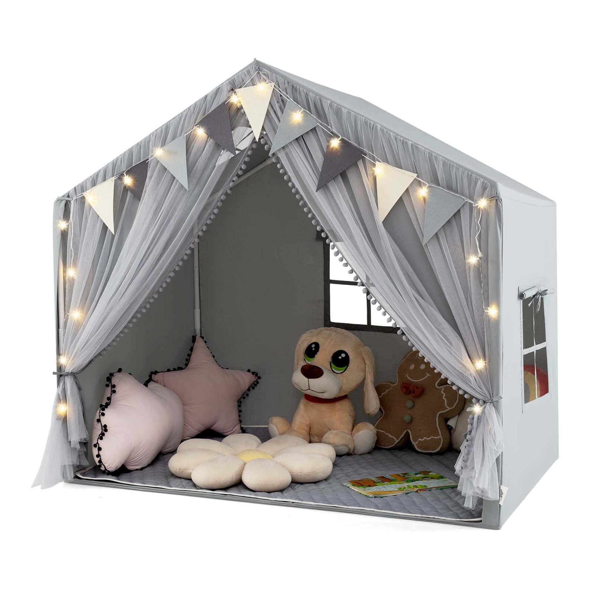 Costway - Kids Play Tent with Door Curtains Windows Star Lights Colorful Flags Padded Mat - Gray
