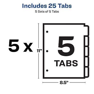 Includes 25 Tabs  
5 Sets of 5 Tabs  
5 x 11"  
5 Tabs  
8.5"