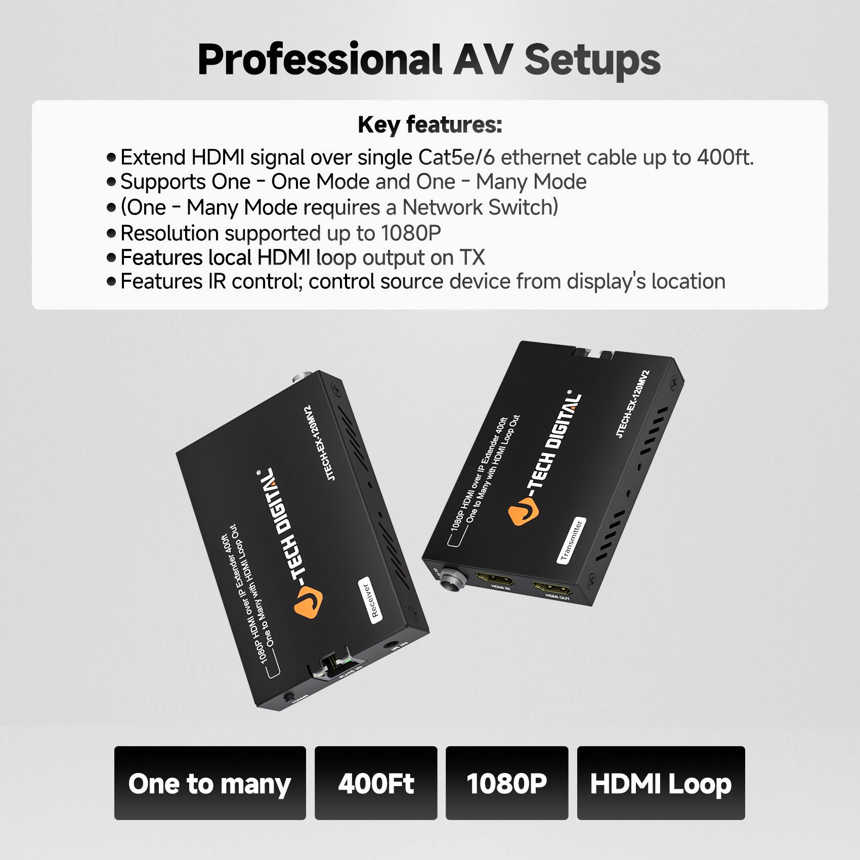 Professional AV Setups

Key features:
- Extend HDMI signal over single Cat5e/6 ethernet cable up to 400ft.
- Supports One - One Mode and One - Many Mode (One - Many Mode requires a Network Switch)
- Resolution supported up to 1080P
- Features local HDMI loop output on TX
- Features IR control; control source device from display's location

JTECH-EX-120MV2

One to many
400Ft
1080P
HDMI Loop