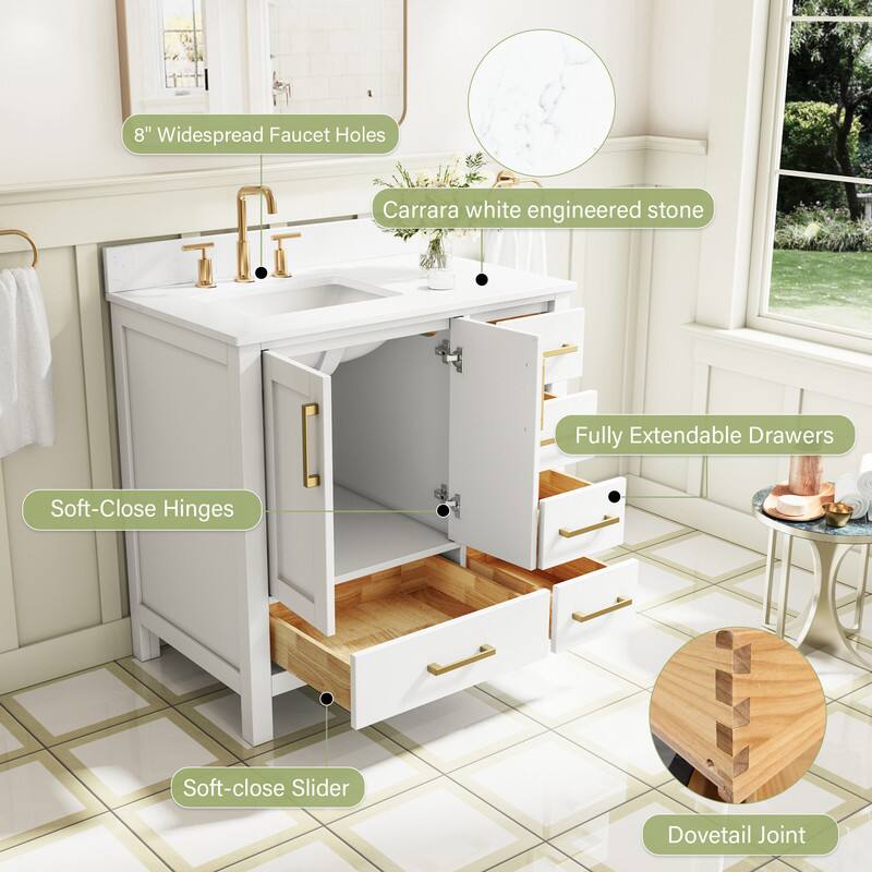 8" Widespread Faucet Holes  
Carrara white engineered stone  
Fully Extendable Drawers  
Soft-Close Hinges  
Soft-close Slider  
Dovetail Joint
