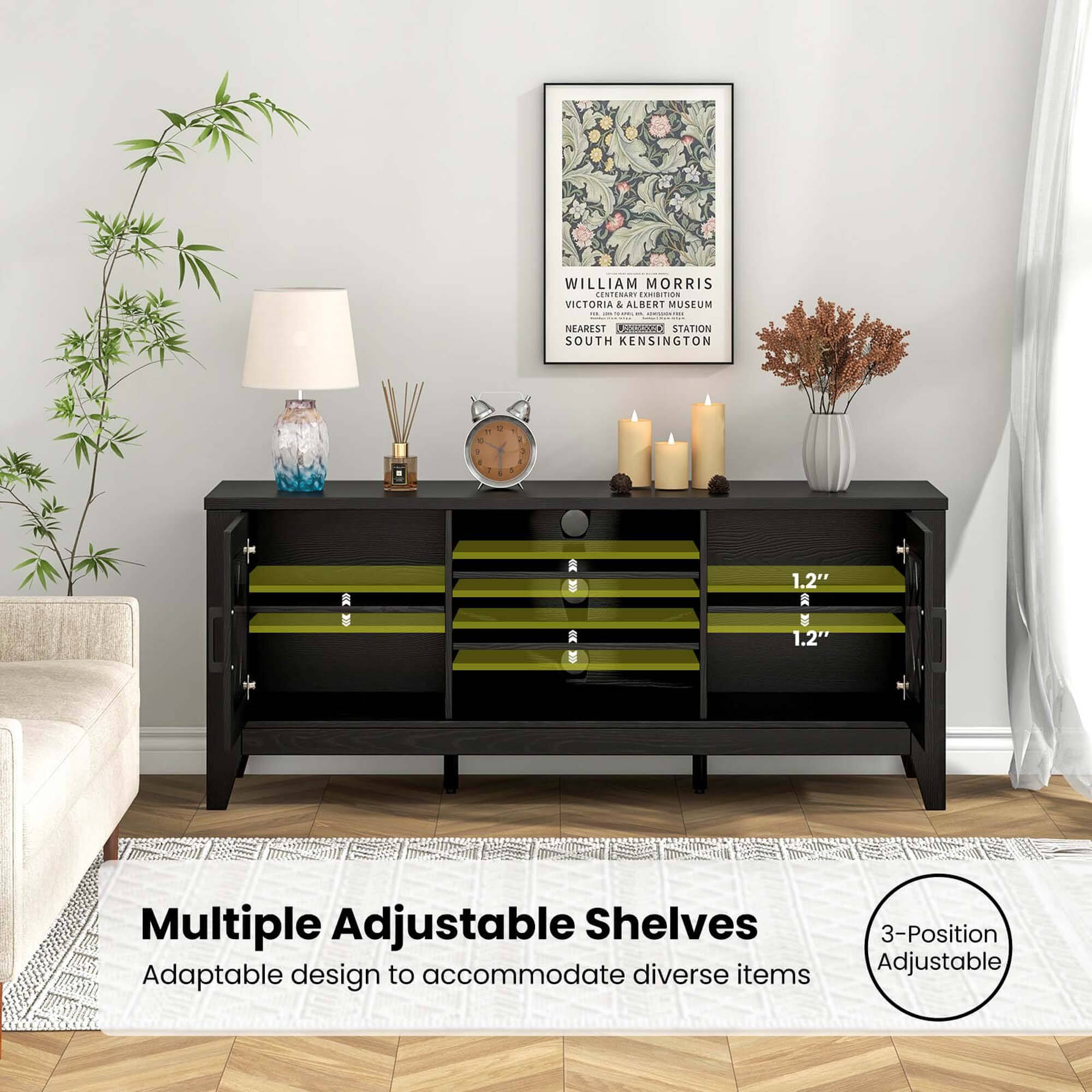 The text on the image reads: "William Morris imicontr dandelion design Victoria & Albert Museum 1.2" 1.2" Multiple Adjustable Shelves Adaptable design to accommodate diverse items 3-Position Adjustable."