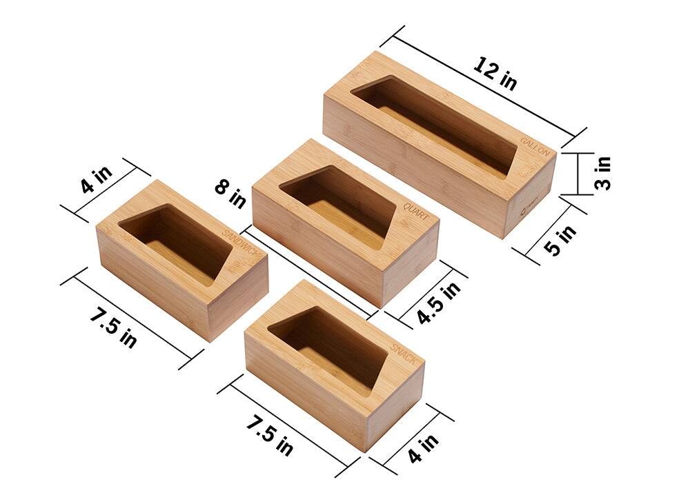 - 4 in x 8 in x 7.5 in (SNACK)
- 4.5 in x 7.5 in x 4 in (SNACK)
- 5 in x 8 in x 7.5 in (QUART)
- 12 in x 3 in x 8 in (GALLON)