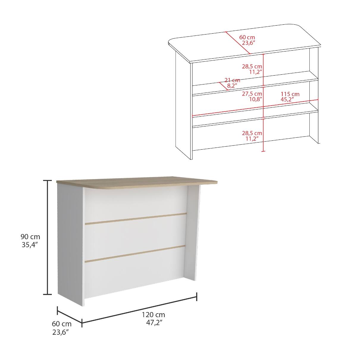 60 cm 23,6"  
28,5 cm 11,2"  
21 cm 8,2"  
27,5 cm 10,8"  
115 cm 45,2"  
28,5 cm 11,2"  
90 cm 35,4"  
60 cm 23,6"  
120 cm 47,2"
