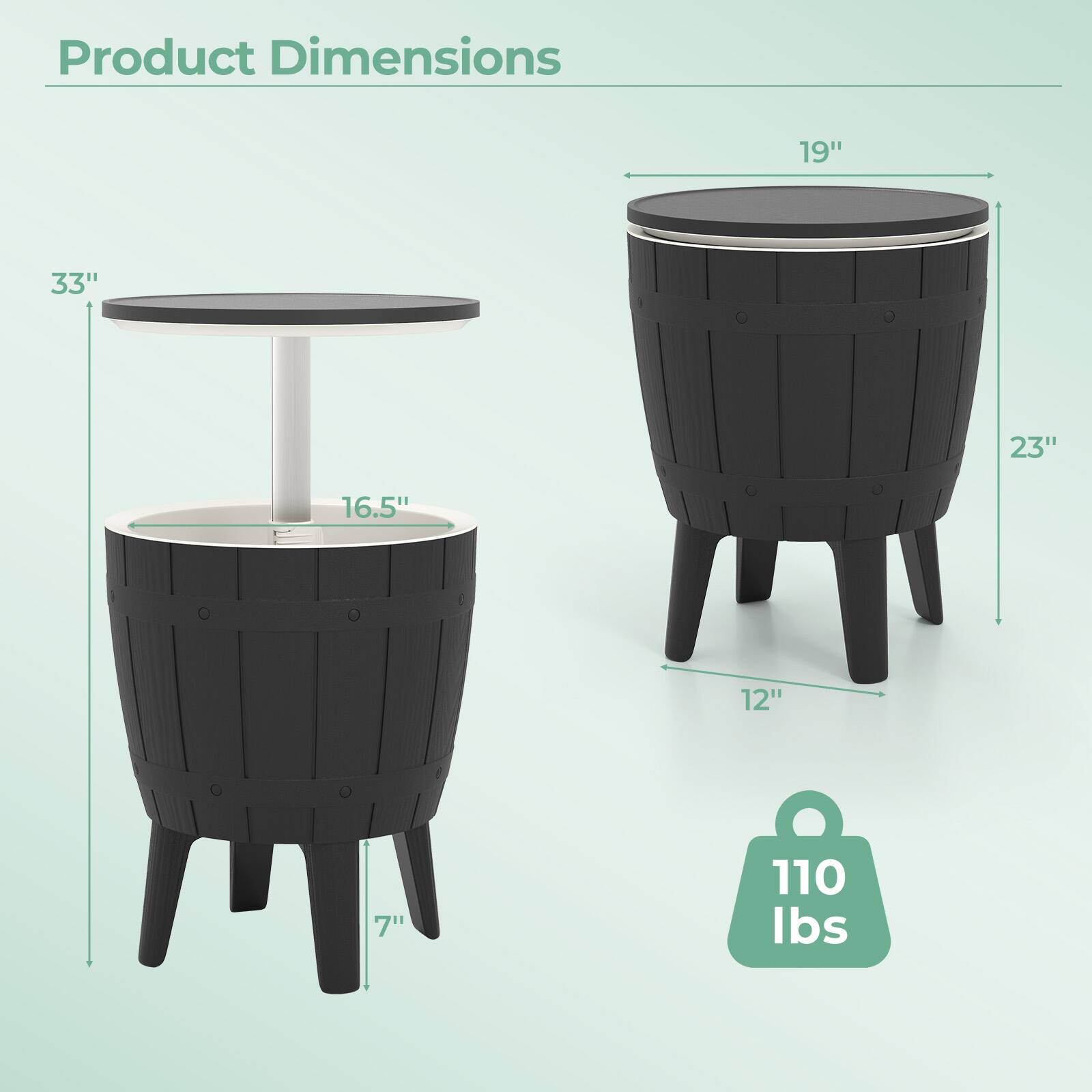 Product Dimensions: 19" x 33" x 23" x 16.5" x 12" x 7"  
Weight: 110 lbs