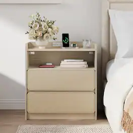 Furnulem - Upholstered Nightstand with 2 Drawers Open Shelf Built-in Charging Station - Light oak