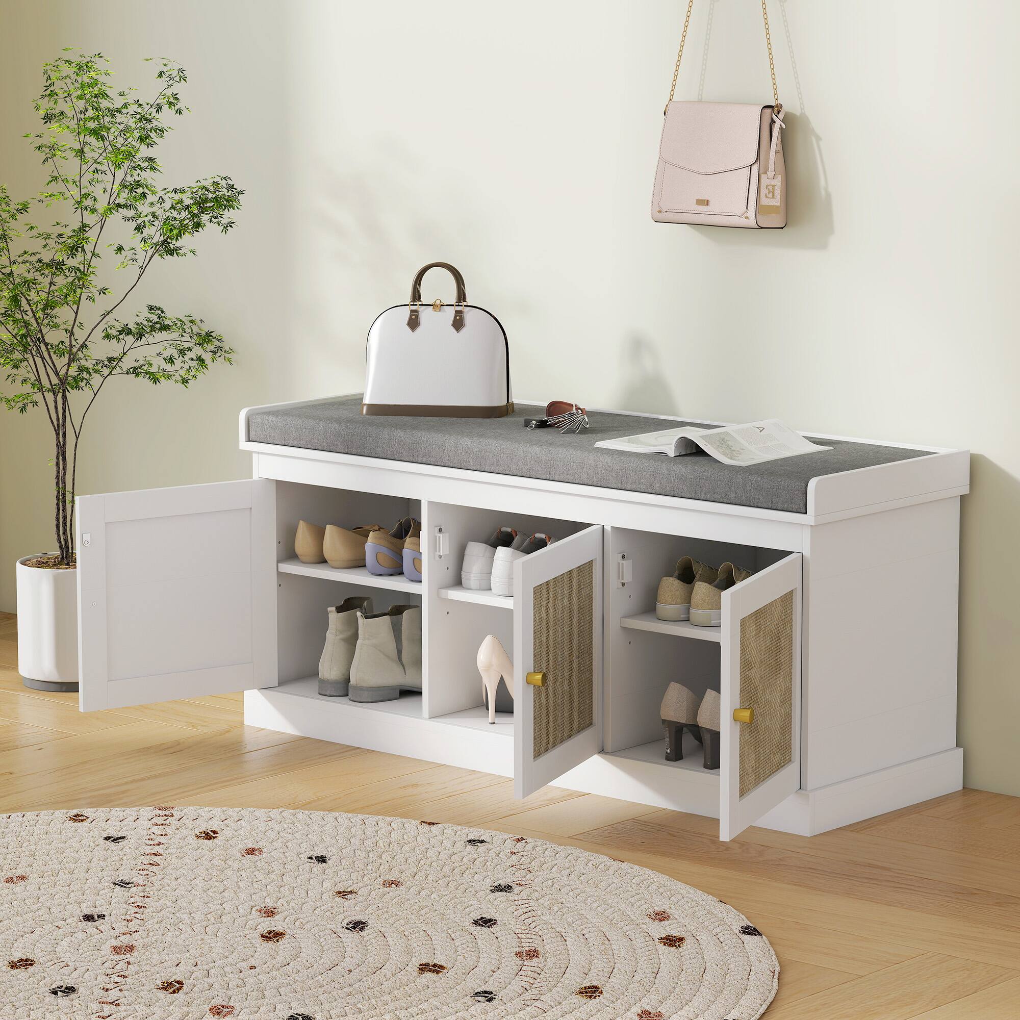 Alt View 8. Homcom - Storage Bench with Woven Rattan Doors, Shoe Bench with Cushion, Adjustable Shelves - White.