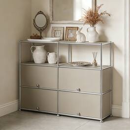 Malletson - Modular Metal Sideboard Buffet Storage Cabinet with Open Shelf, Modern Twin-Row Grid Cabinet for Dining or Living Room - Gray