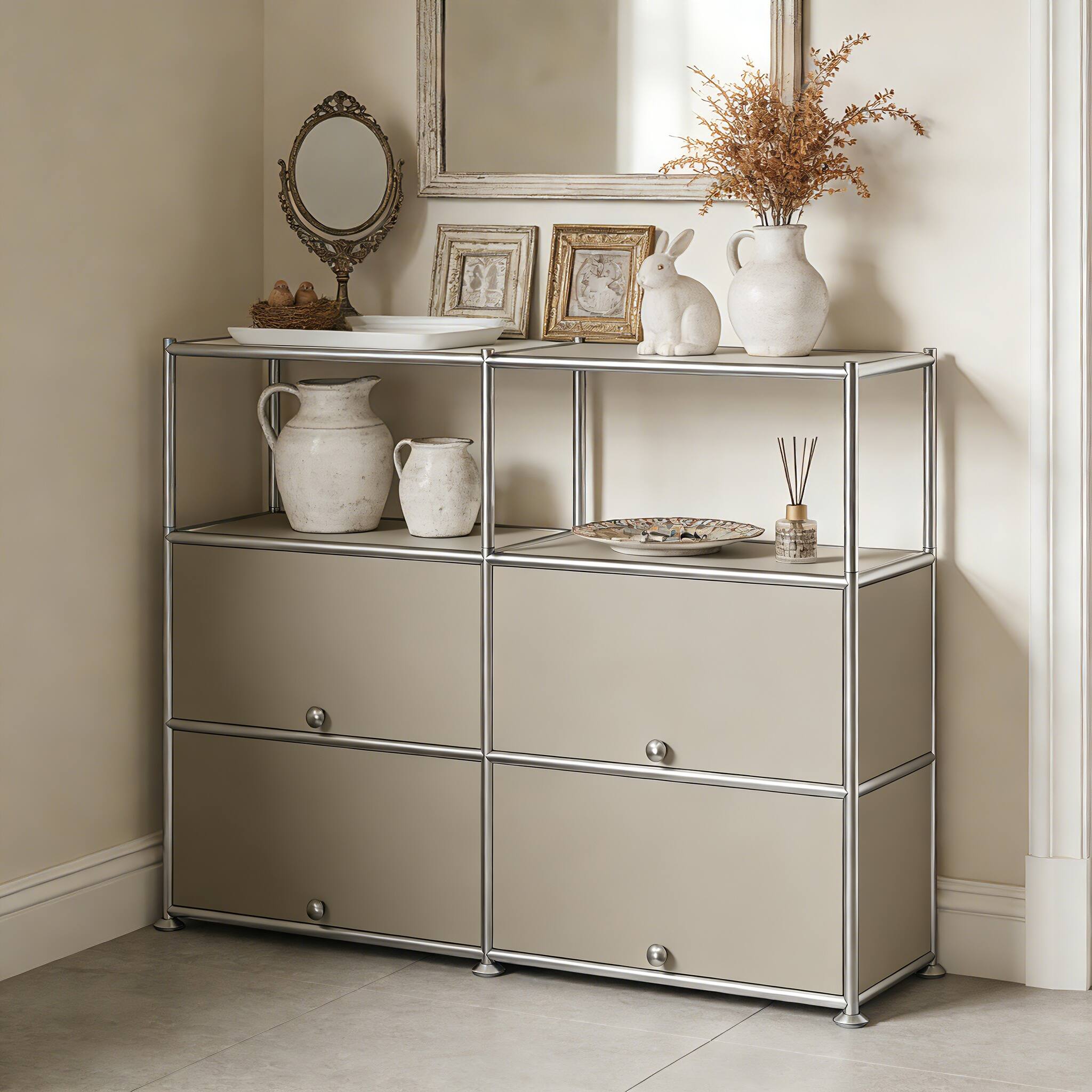 Front. Malletson - Modular Metal Sideboard Buffet Storage Cabinet with Open Shelf, Modern Twin-Row Grid Cabinet for Dining or Living Room - Grey.