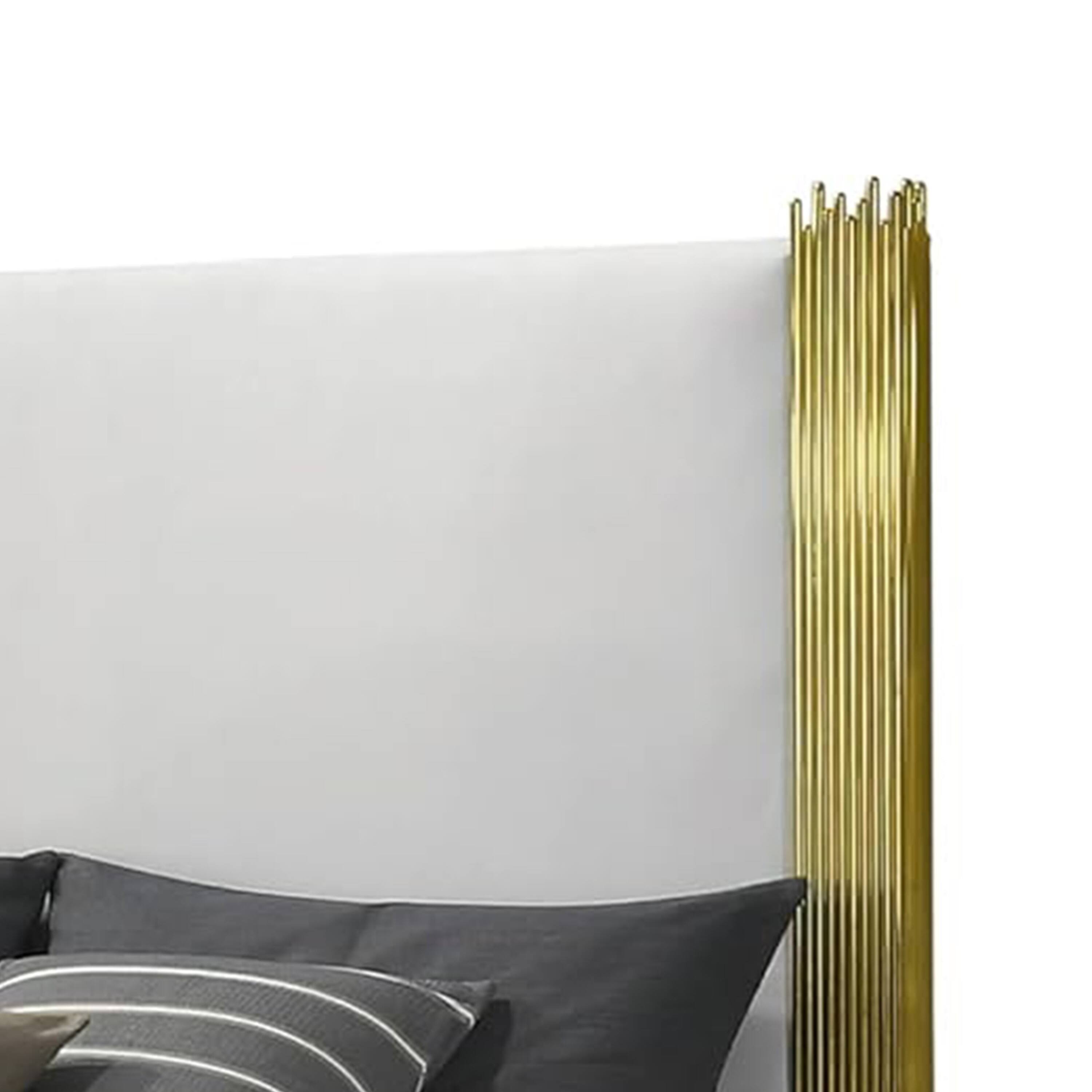 Alt View 2. Manhattan Lane - Dyl Queen Bed, Soft Foam Upholstered, White Fabric, Gold Accent Posts - White, Gold.