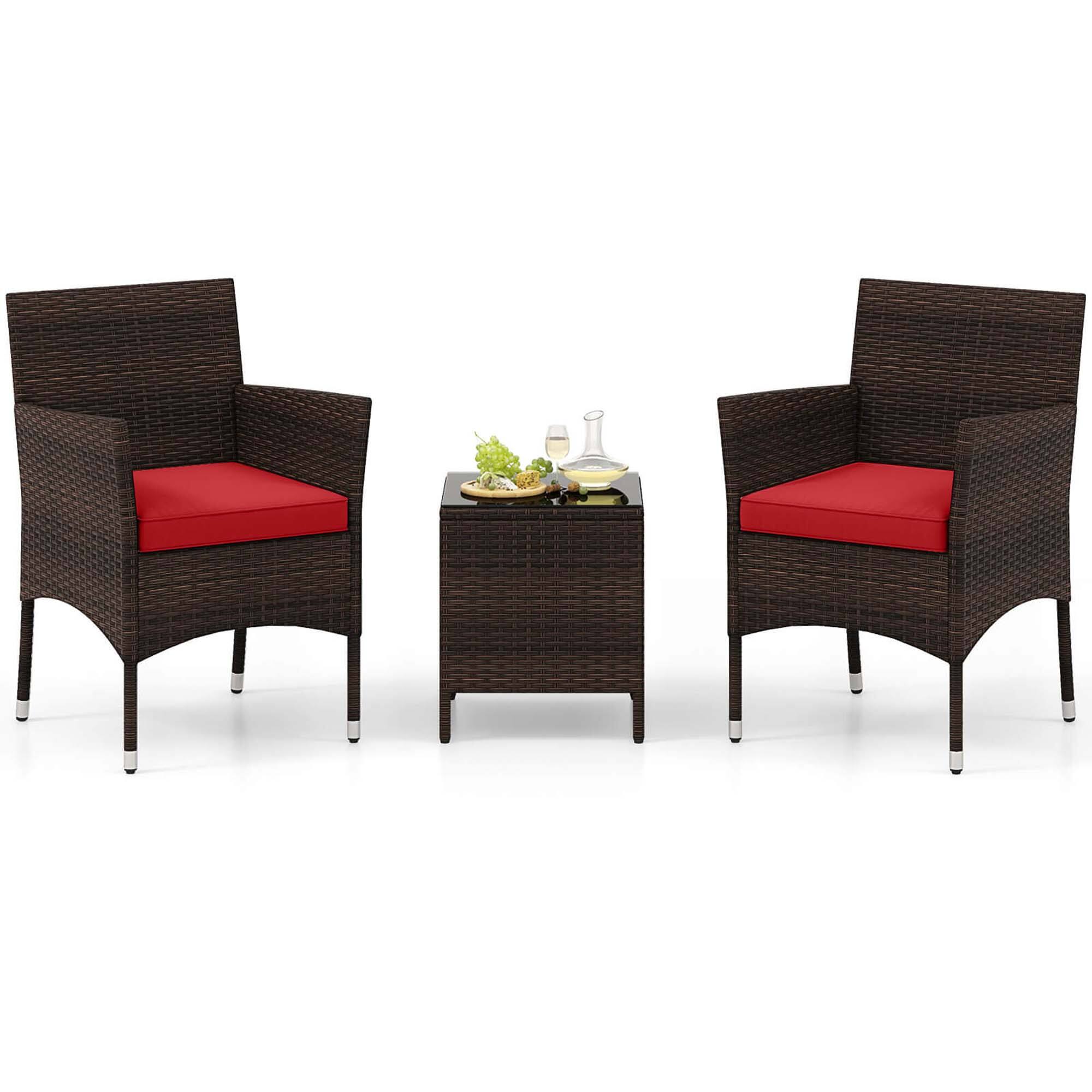 Costway - 3 PCS Outdoor Conversation Set with Cushioned Seat & Tempered Glass Tabletop - Red,Mix Brown