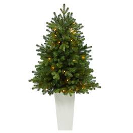 BreeBe - 3.5' Washington Fir Christmas Tree w/50 LED in Tower Planter - White