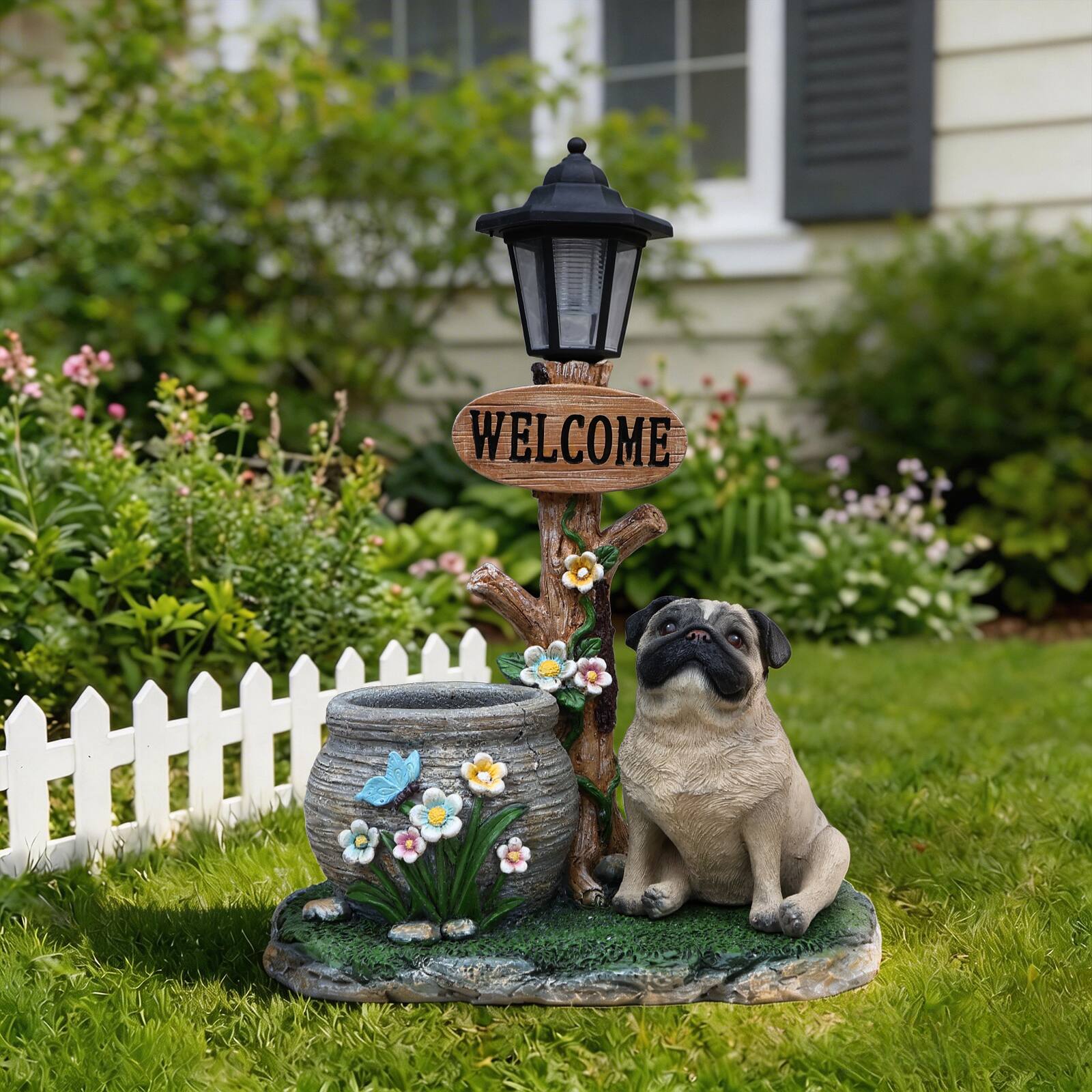 Left. Anysun - Sitting Bulldog Planter Statue – Cute Garden Decor with Built‑In Flower Pot for Succulents or Flowers - Brown.