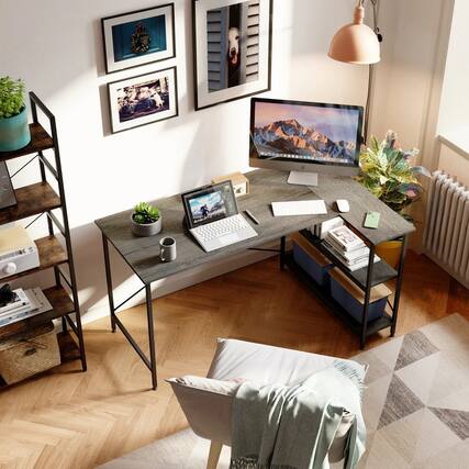 Front. Bestier - Small L-Shaped Corner Gaming Desk with Storage Shelves - 55" Wide - Gray.