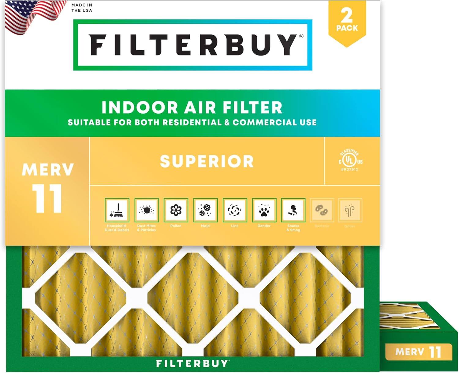 Filterbuy - 19x19x2 MERV 11 Pet & Allergy Defense, Electrostatic Pleated HVAC AC Furnace Air Filters Replacement (2-Pack) - Gold