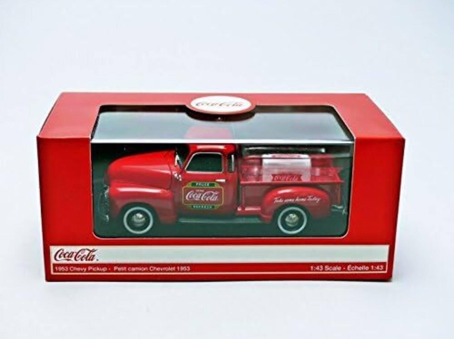 Coca-Cola  
Tube  
home  
Coca-Cola 1953 Chevy Pickup Peta camion Chevrolet 1953  
1:43 Scale Echelle 1:43